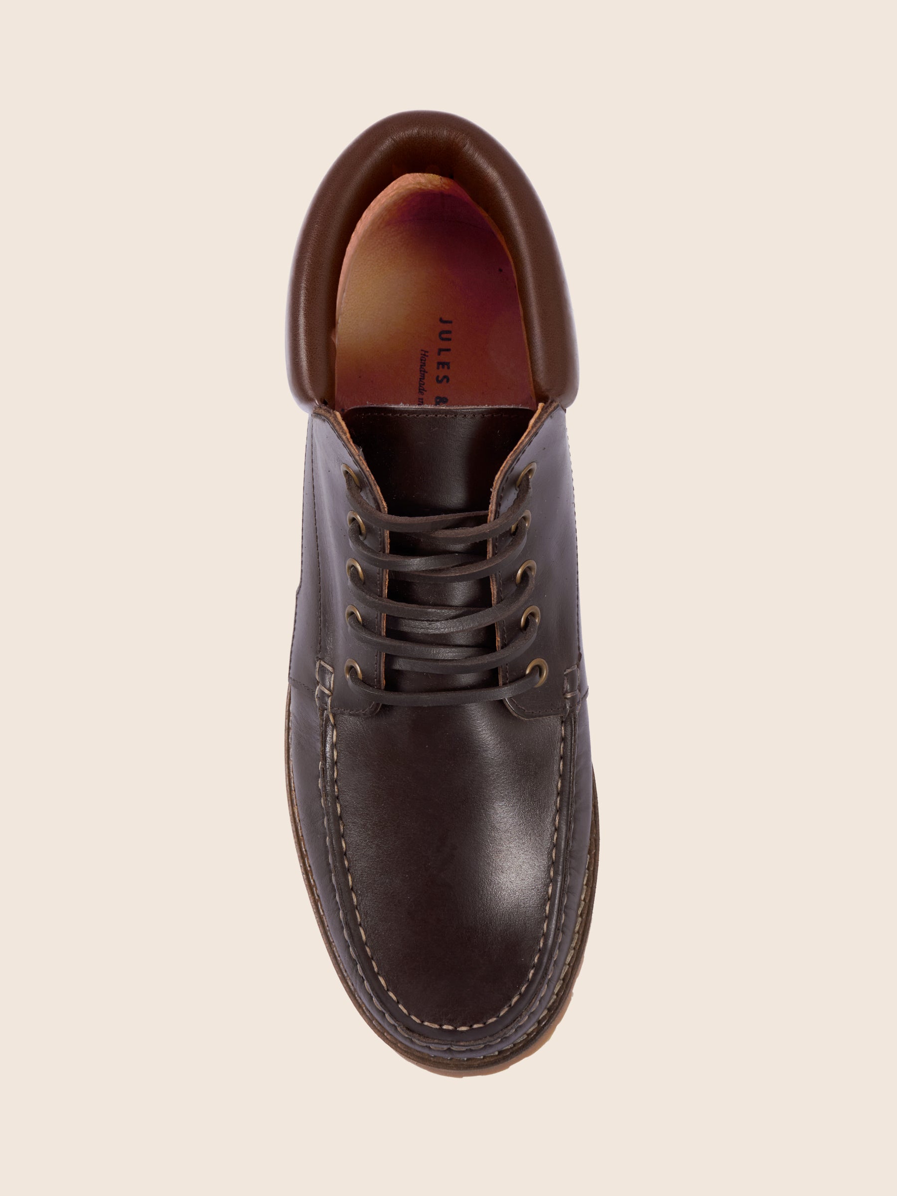 photo vue dessus boots ateau campons tom cuir marron jules jenn