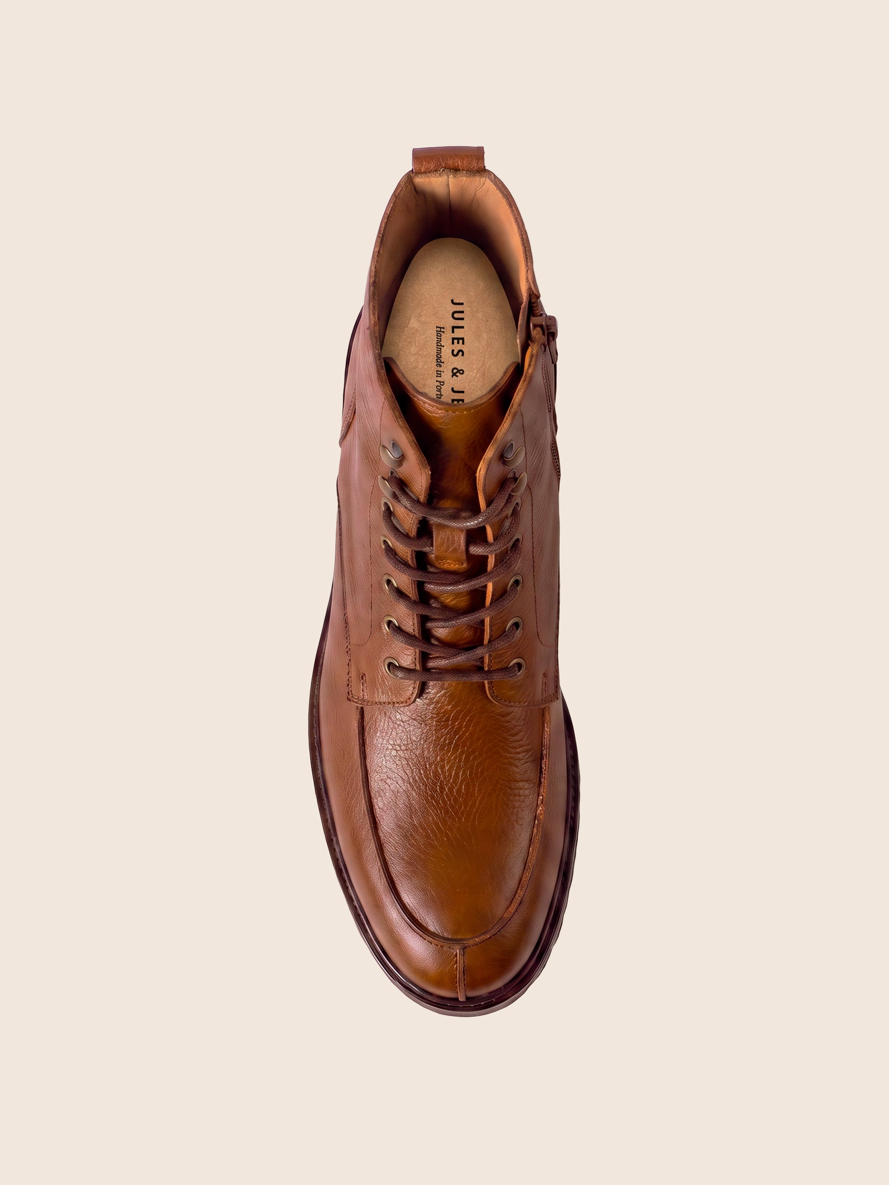 vue dessus boots plateau cuir graine cognac jules & jenn