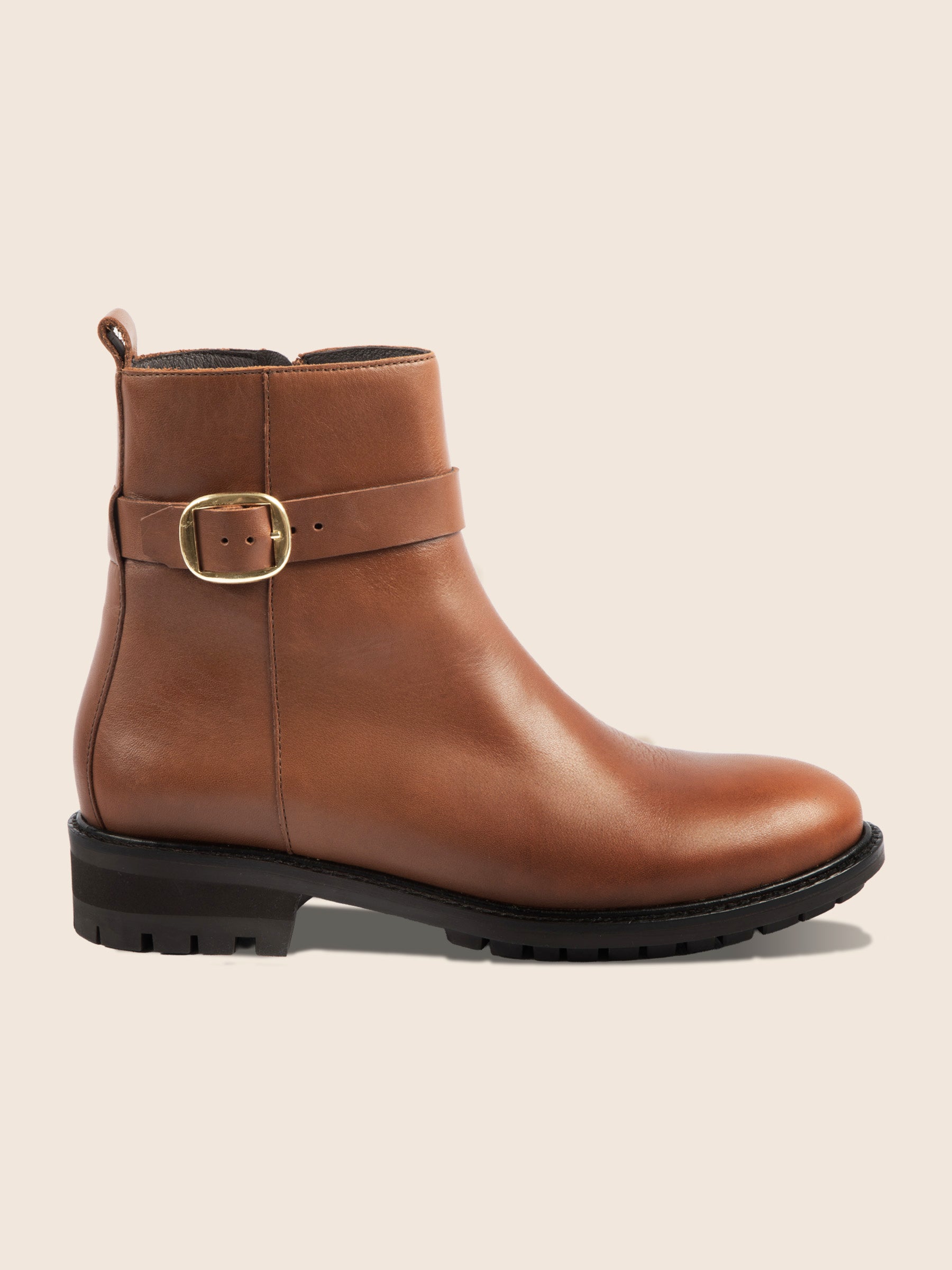 vue extérieur bottine à boucle cuir camel jules jenn