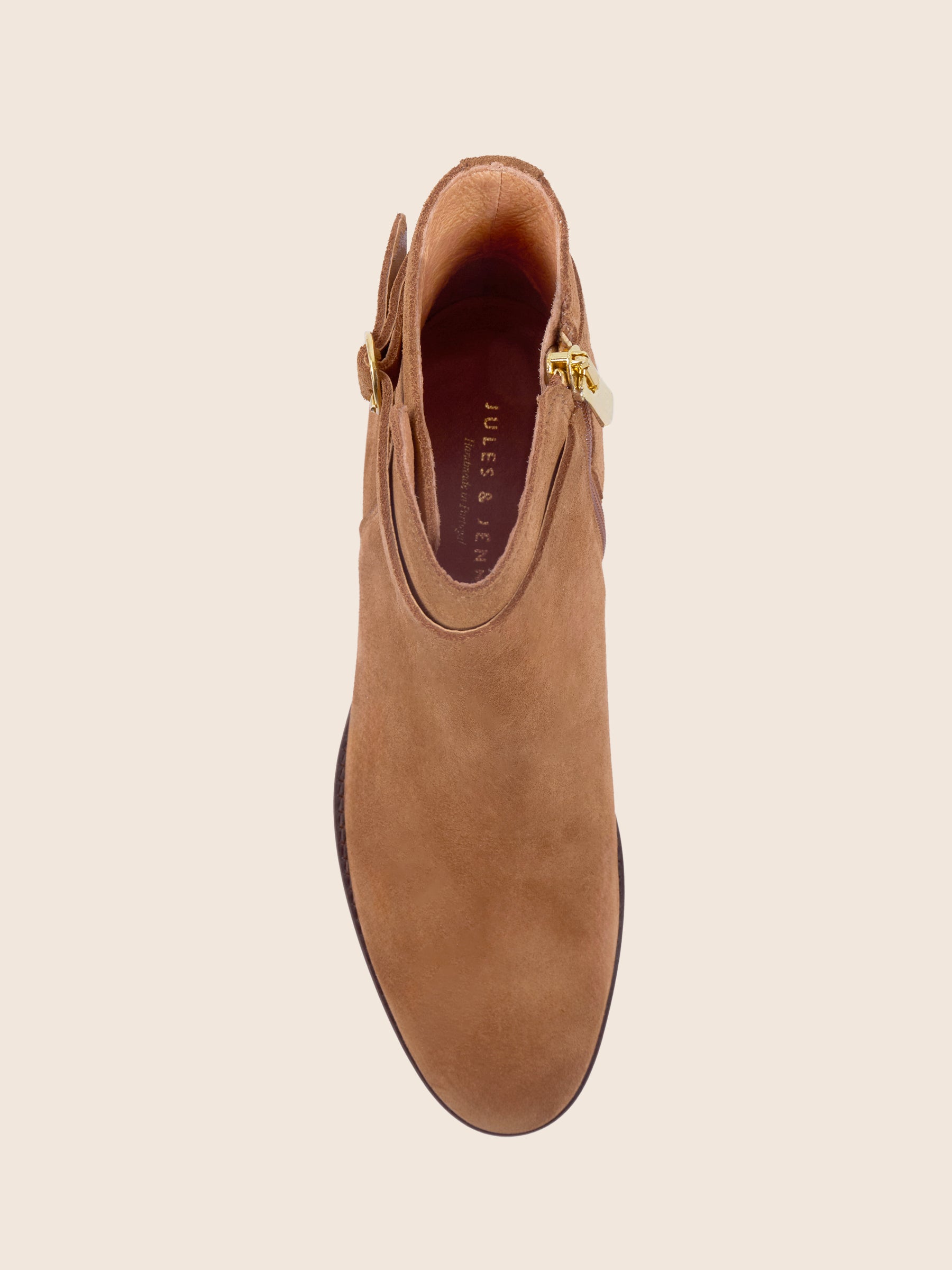 photo vue dessus bottines cavalieres cuir daim camel jules jenn