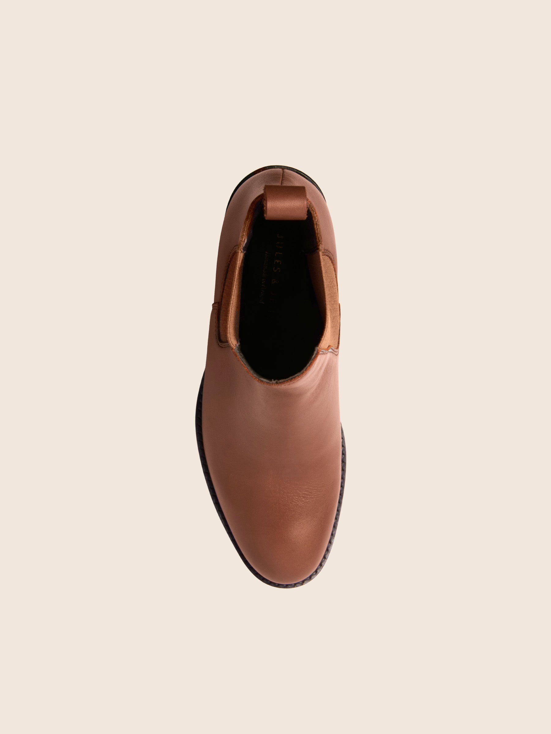 vue dessus bottines talon chelsea cuir camel jules jenn