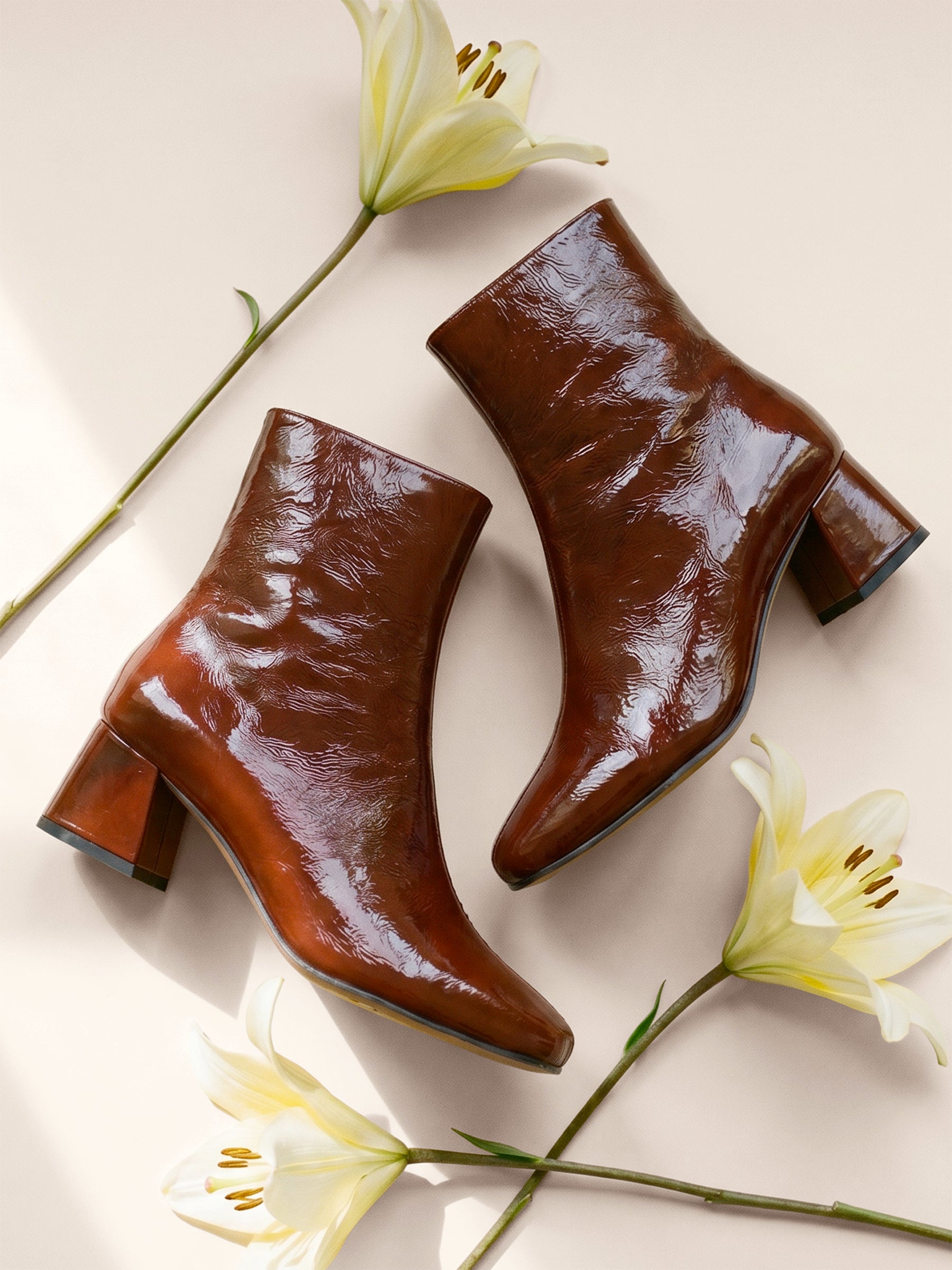 photo vue posee bottines moyen talon diane cuir vernis brique jules jenn