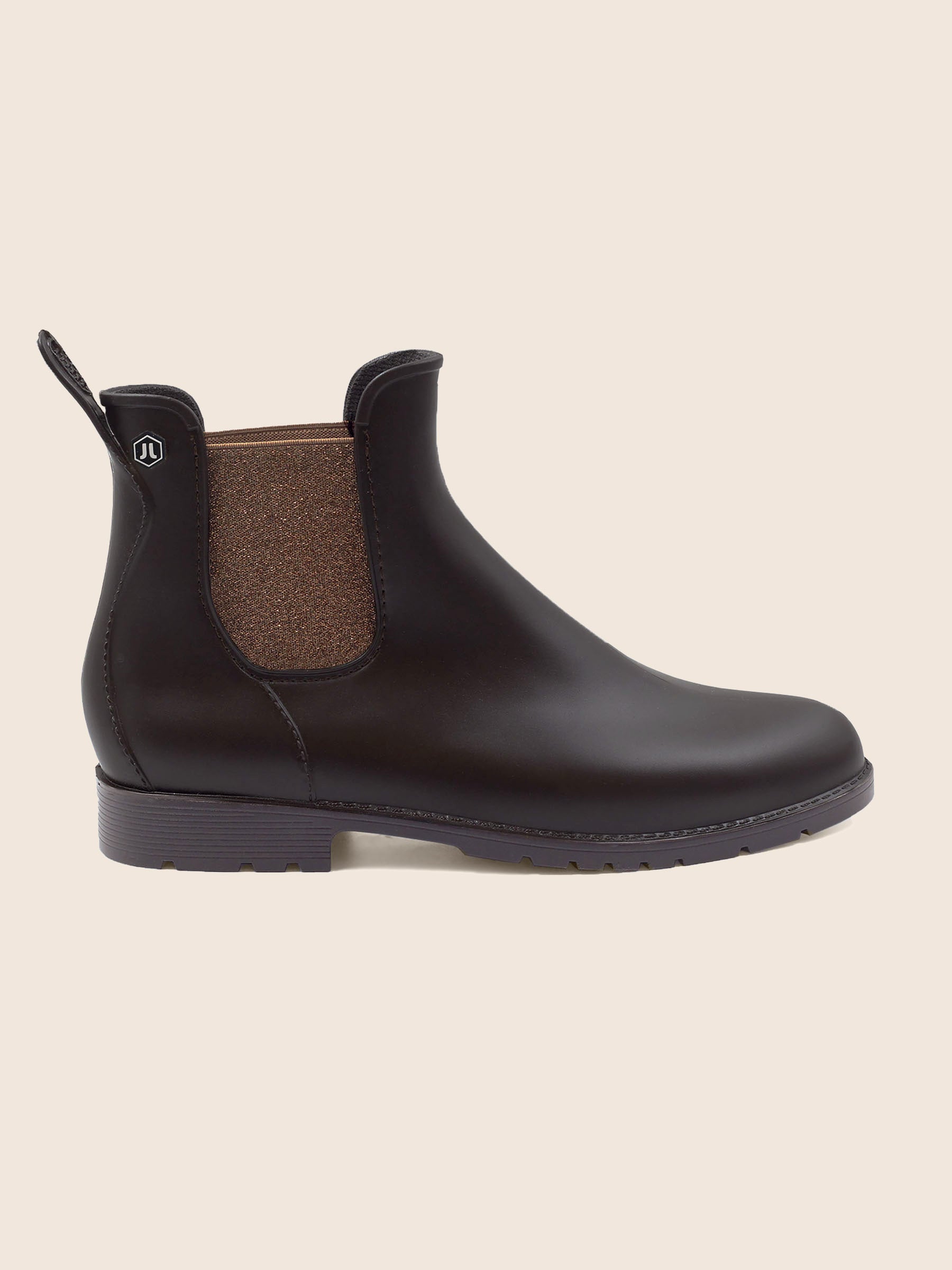 vue posée bottines de pluie caoutchouc marron & bronze jules & jenn