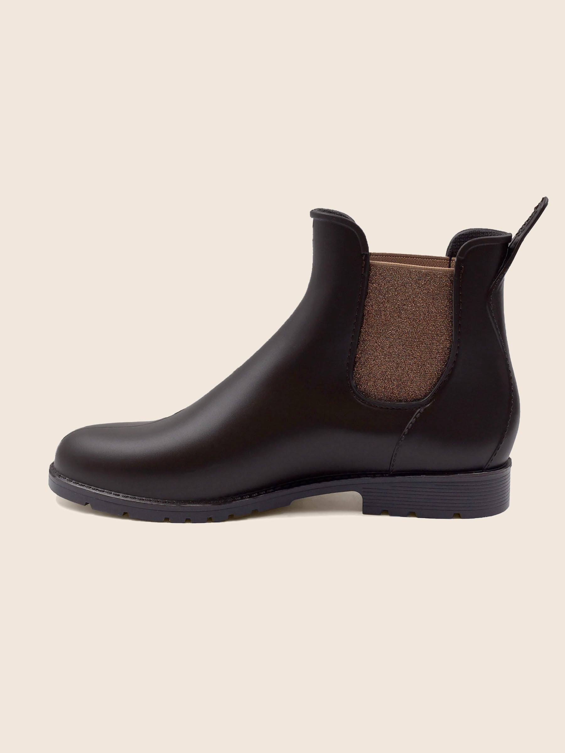 vue interieur bottines de pluie caoutchouc marron & bronze jules & jenn