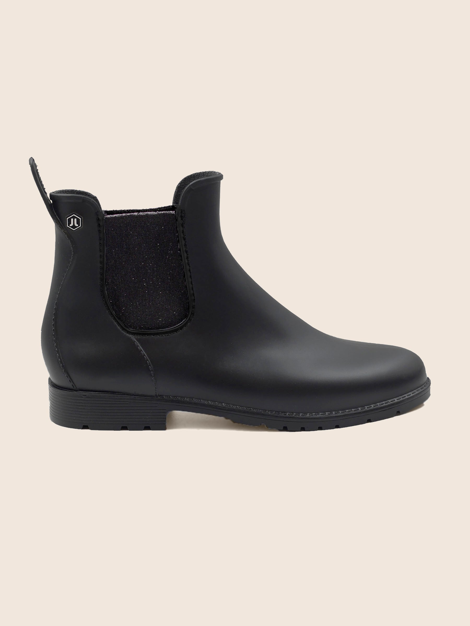 vue profil bottines de pluie caoutchouc noir argente jules jenn