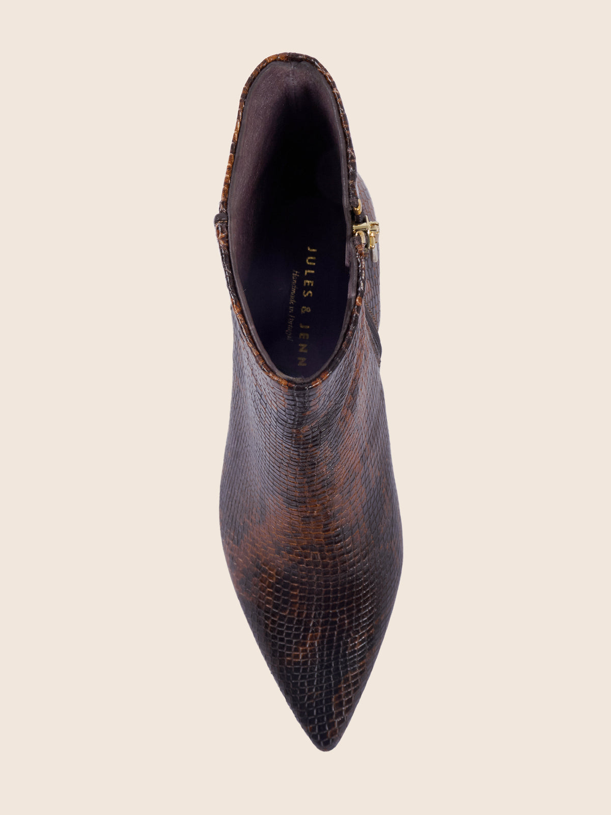 vue dessus bottines pointues petit talon isaure cuir marron python jules jenn