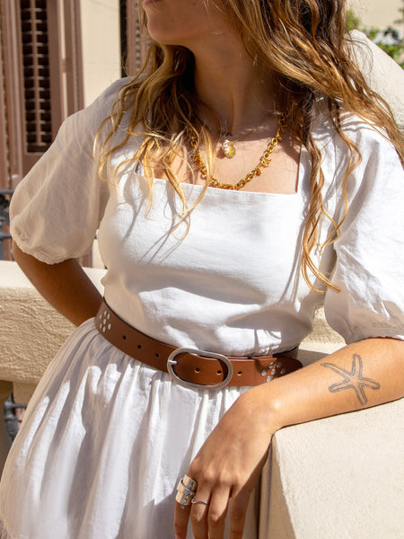 Ceinture Fille Catimini Cuir Marron Cloutée - Taille 60 Cm - Double Rang