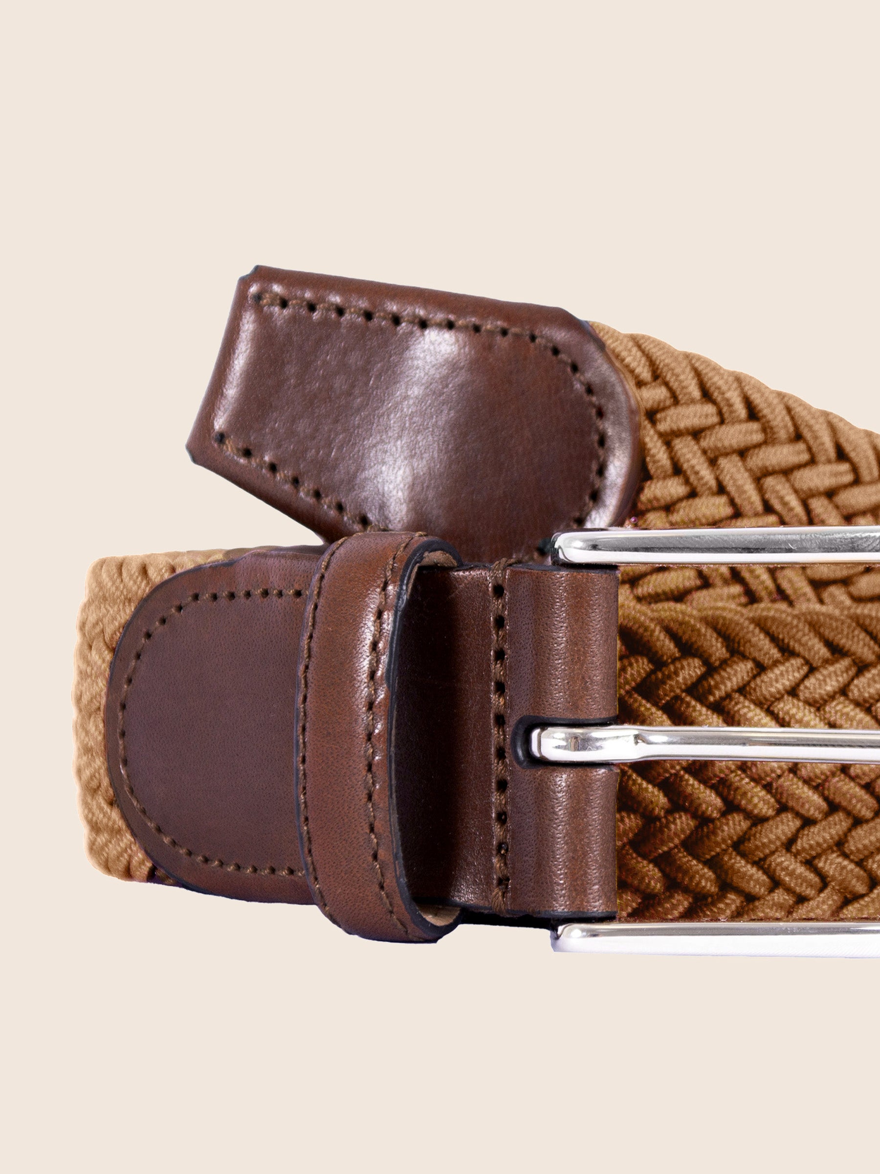 gros plan ceinture tressee homme polyester et cuir cognac jules & jenn