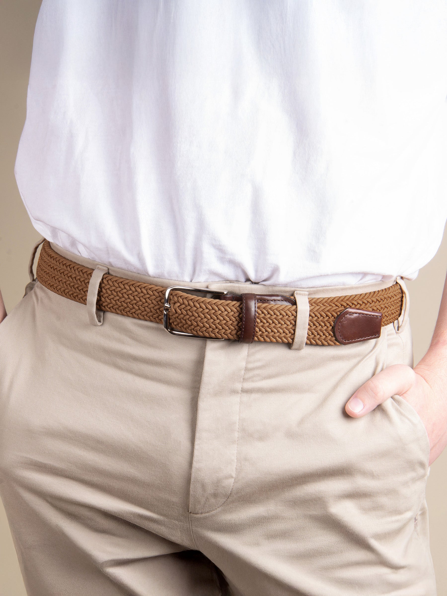 vue portée ceinture tressee homme polyester et cuir cognac jules & jenn