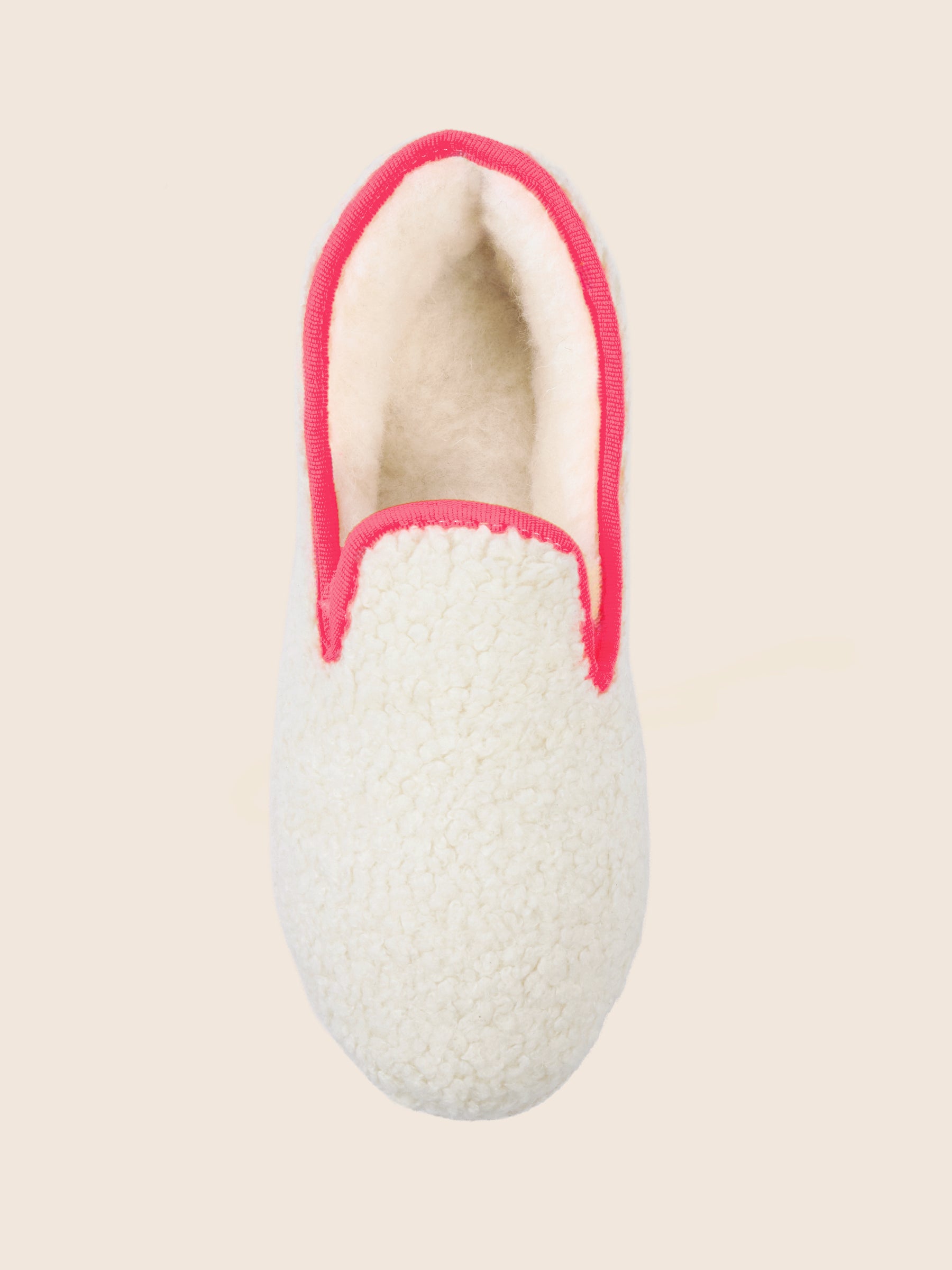 vue dessus charentaises tissu bouclette blanc rose jules & jenn