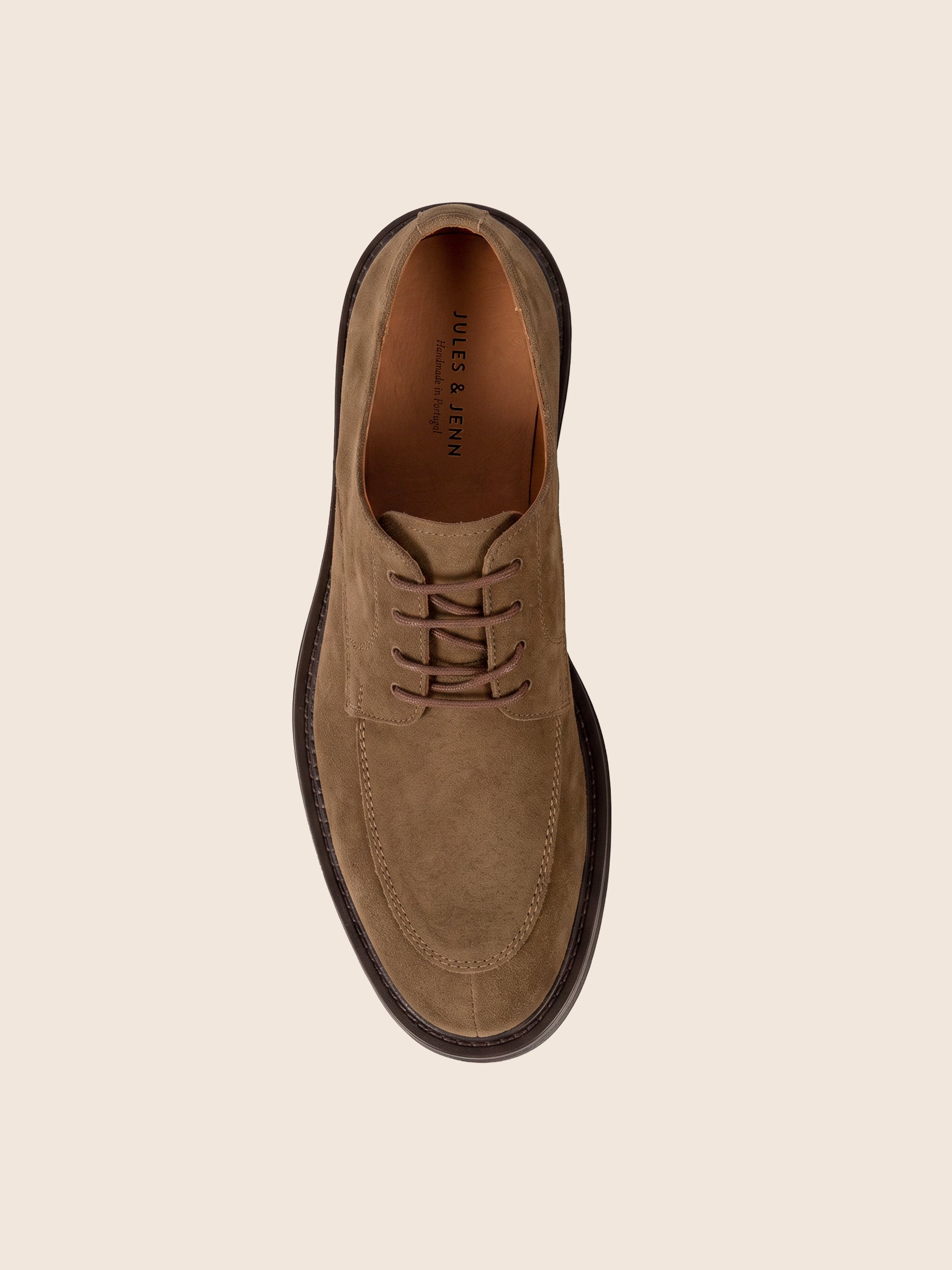 vue dessus derbies gomme cuir daim cognac jules & jenn