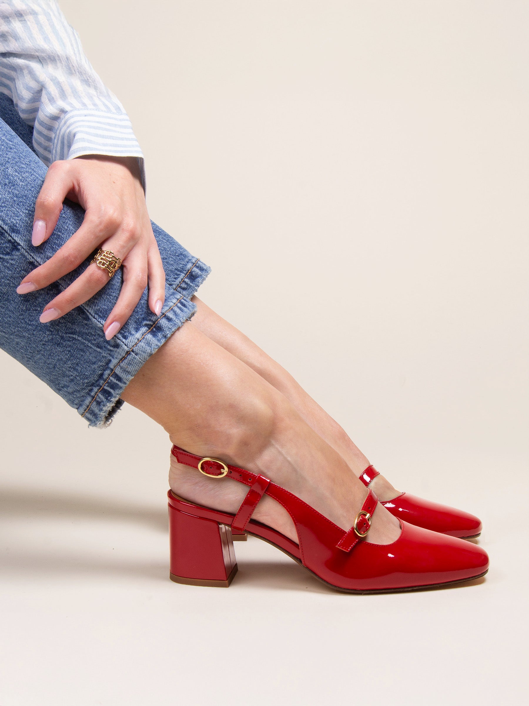 vue portée escarpins slingback cuir vernis rouge jules & jenn