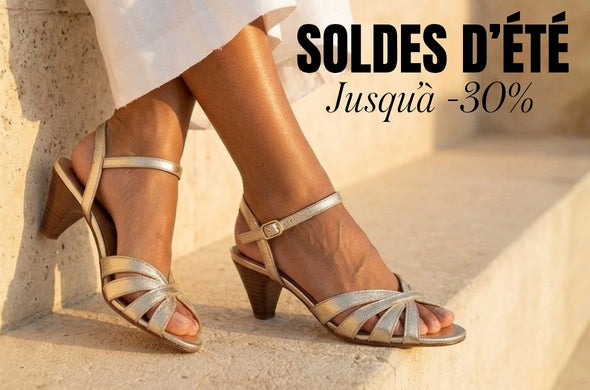 Soldes été femme sandales moyen talon brides cuir doré