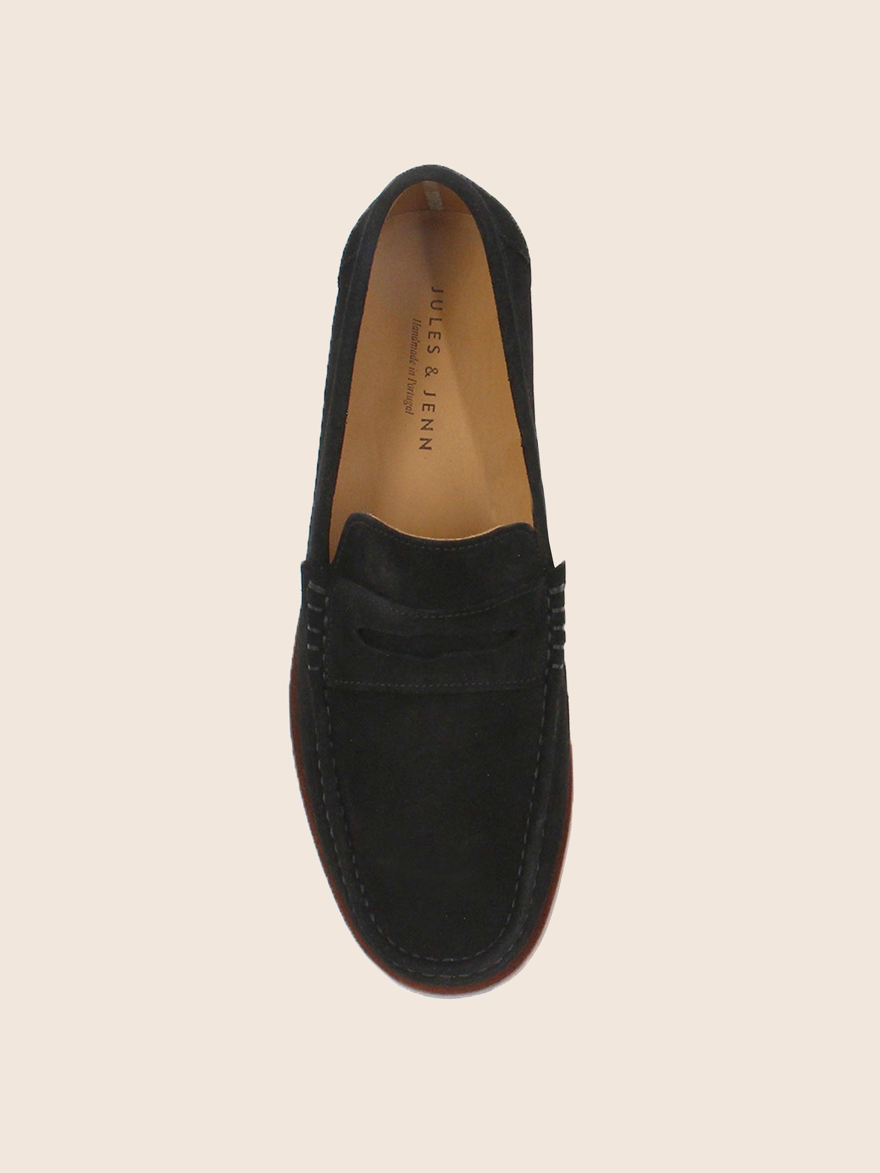 vue dessus mocassins contemporains cuir daim noir jules & jenn