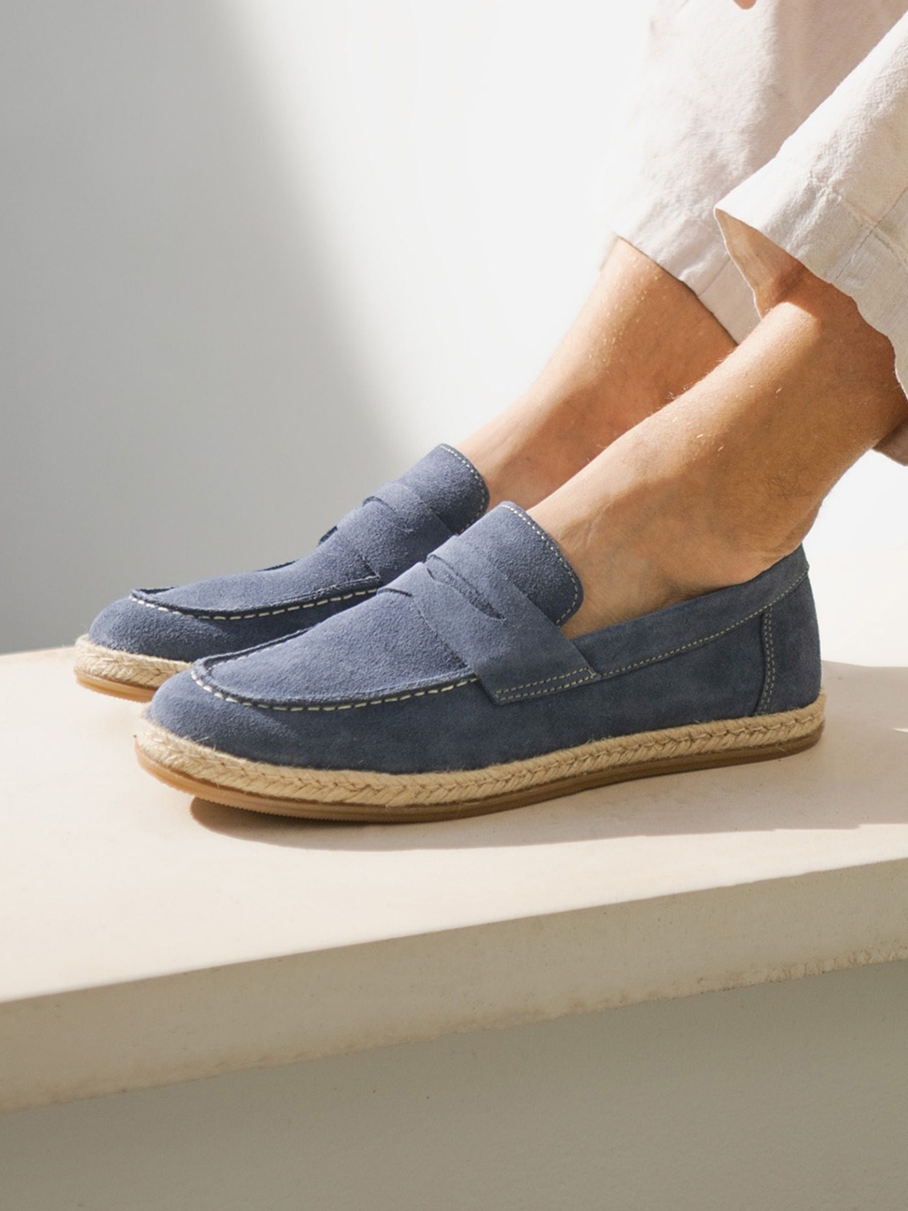 vue portée mocassins espadrille cuir daim bleu jules & jenn