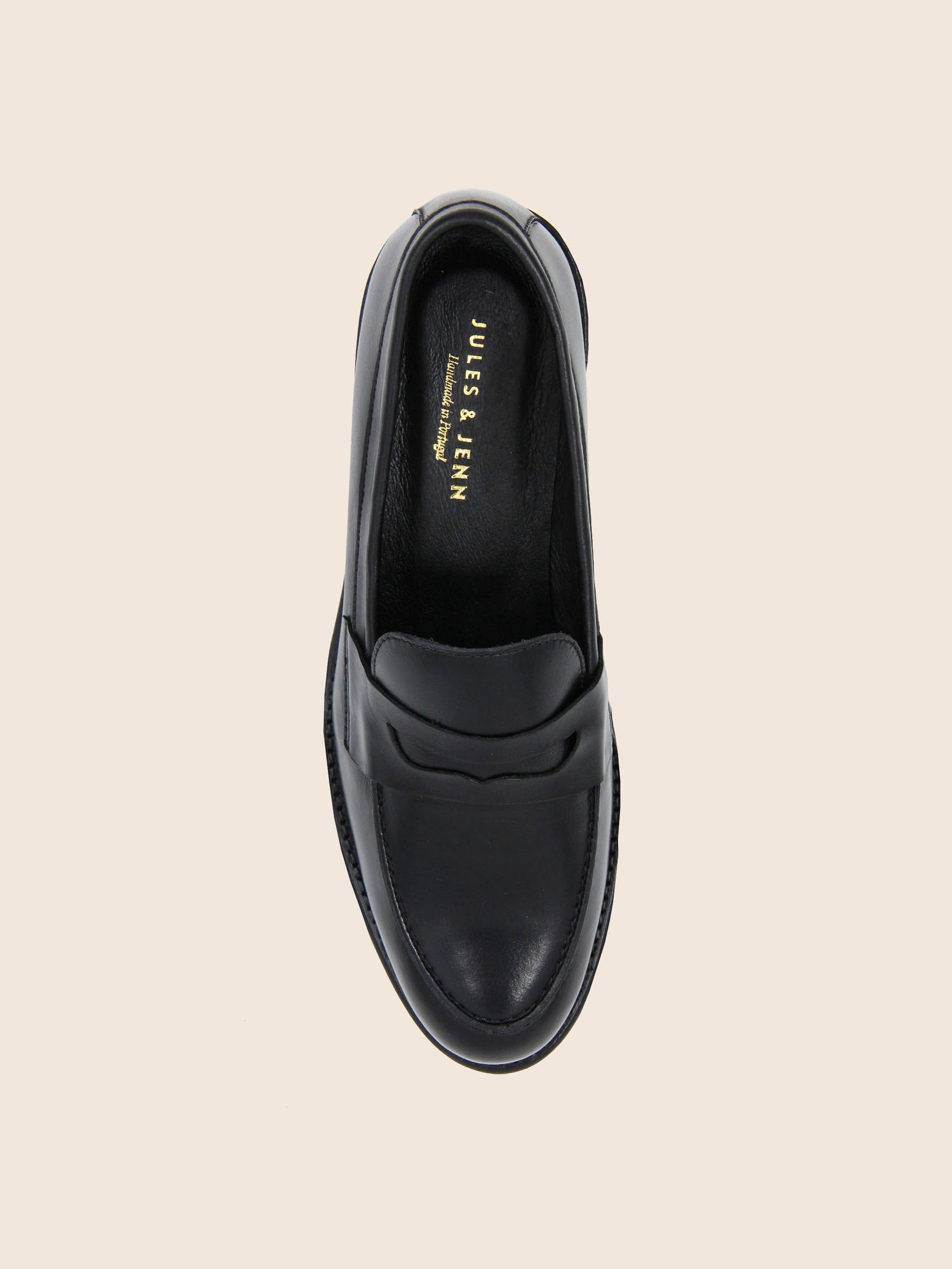 vue dessus mocassins femme cuir noir jules & jenn