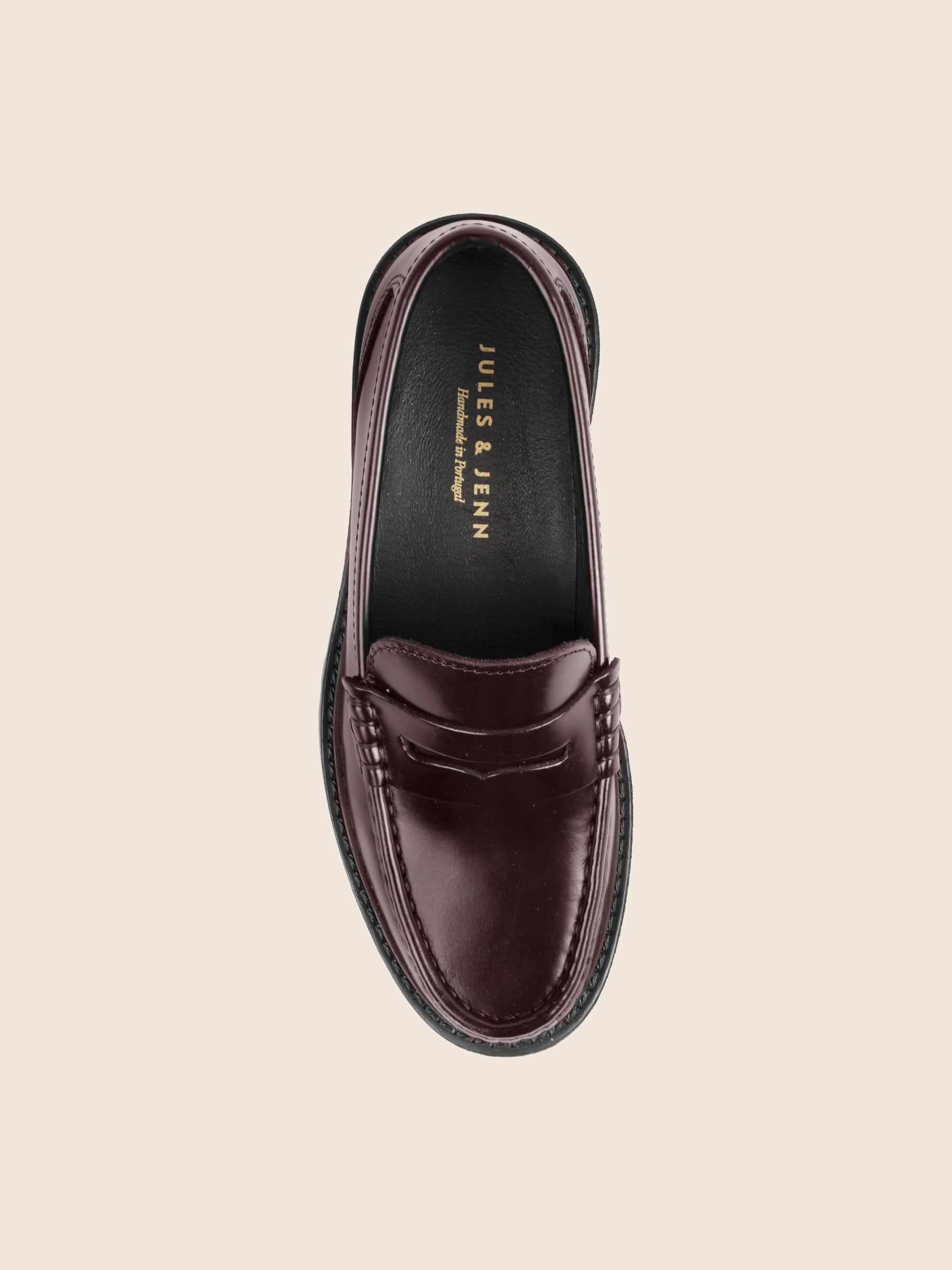 vue dessus mocassins cuir vernis bordeaux jules & jenn
