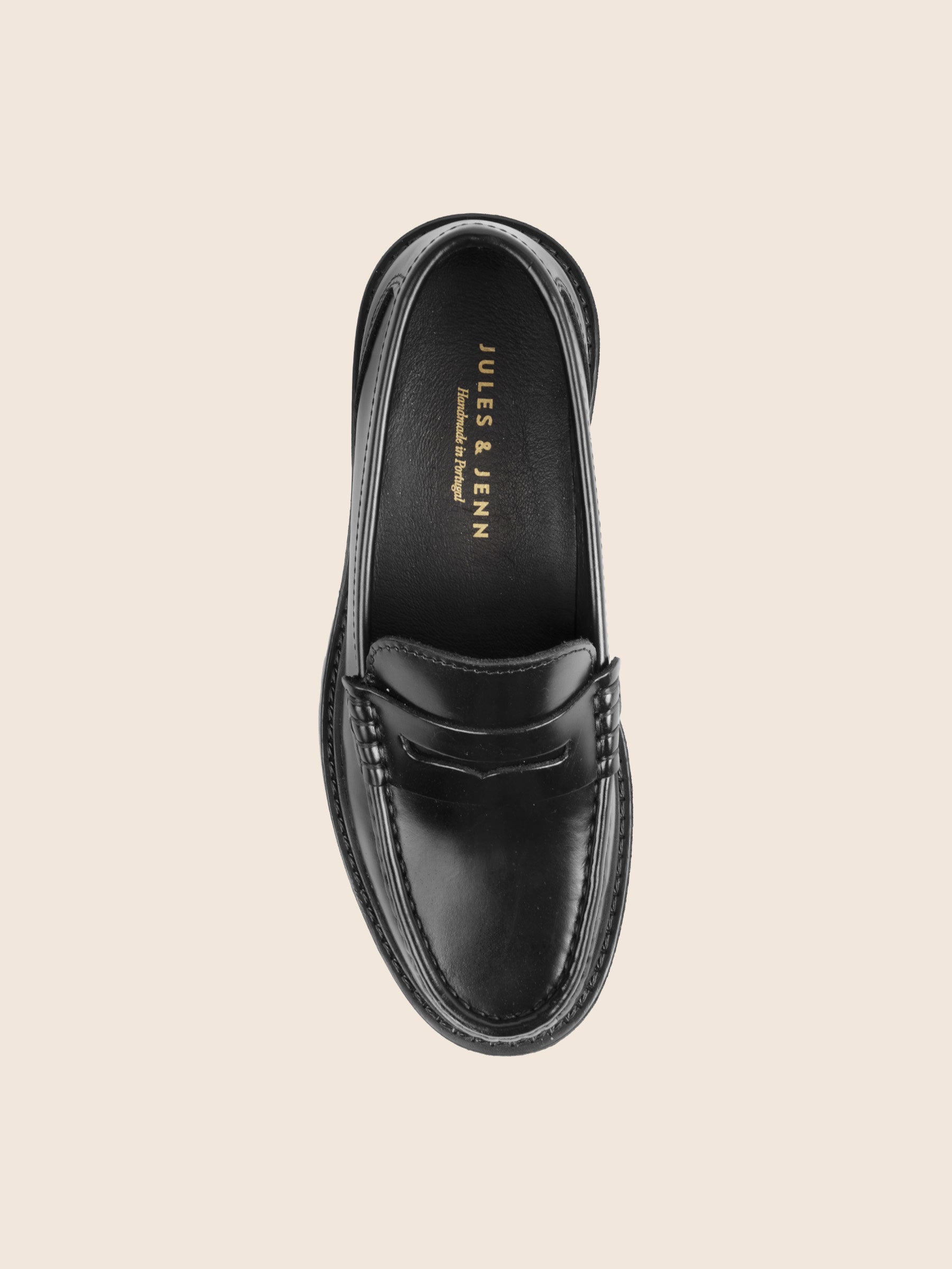 vue dessus mocassins cuir vernis noir jules & jenn