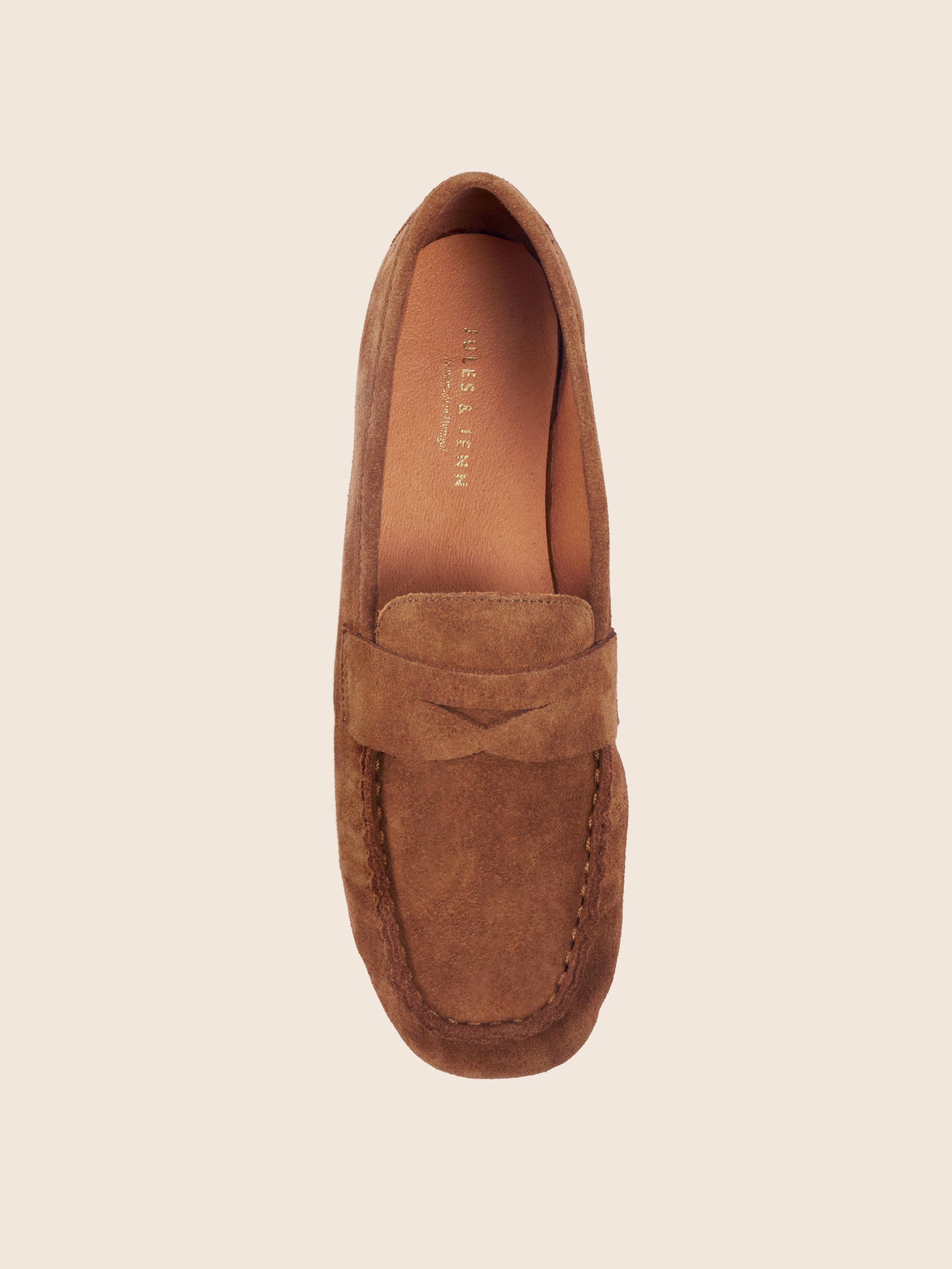 photo vue dessus mocassins plissés thais cuir daim cognac jules jenn