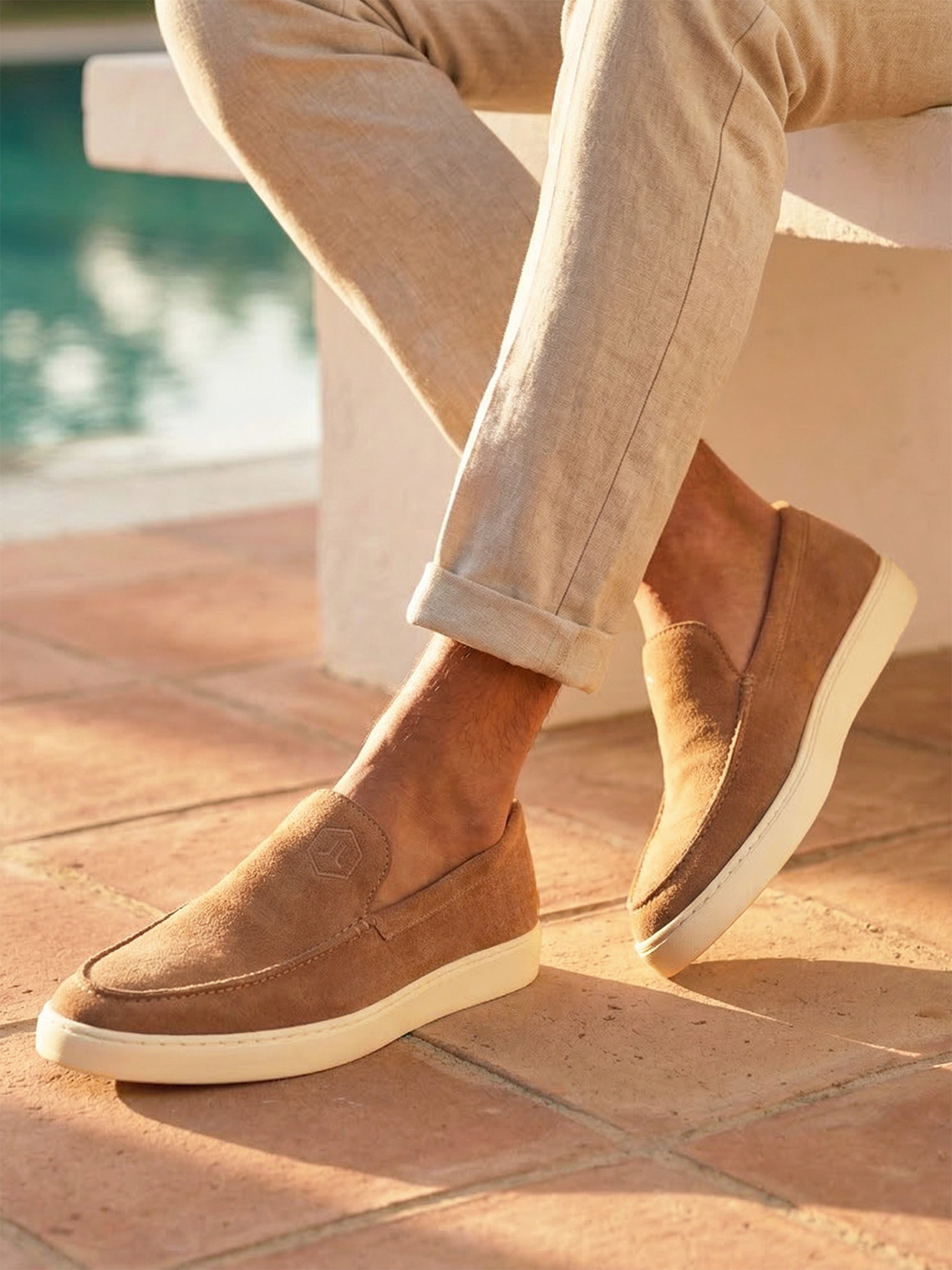 photo vue portée mocassins sport cuir daim cognac jules jenn