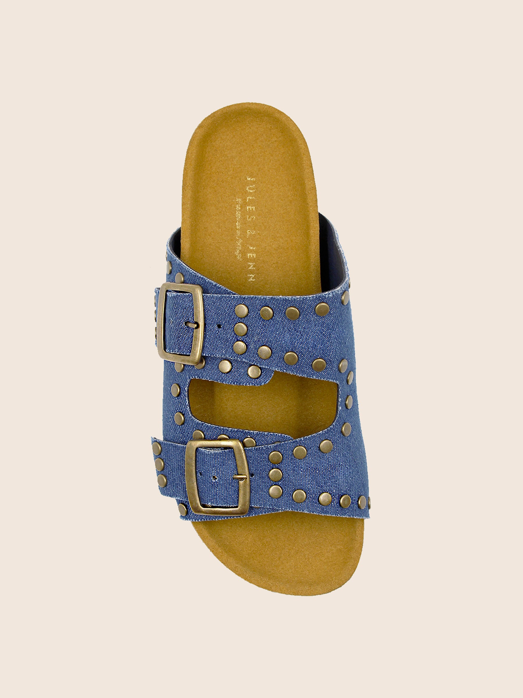 vue dessus mules liege clous toile jean bleu denim jules & jenn