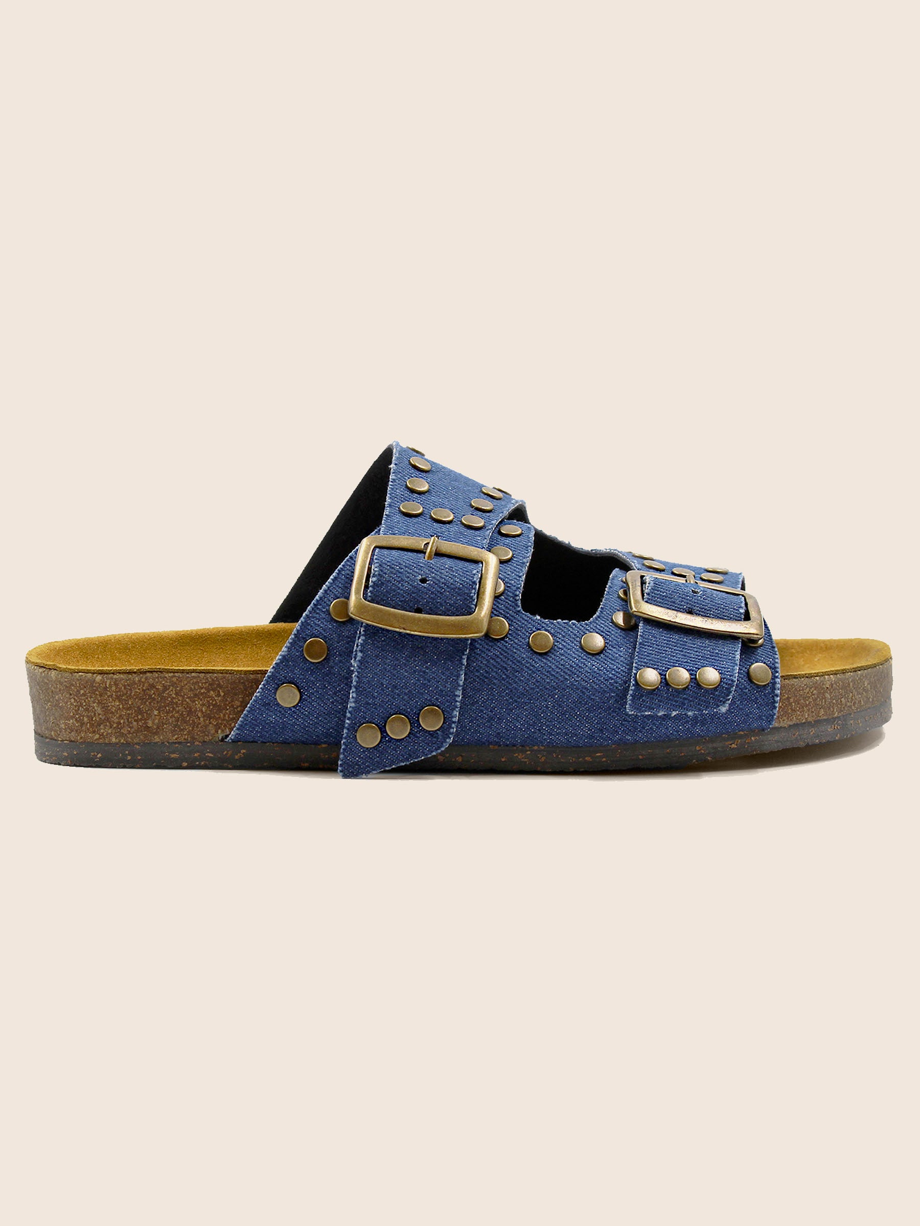 vue profil mules liege clous toile jean bleu denim jules & jenn