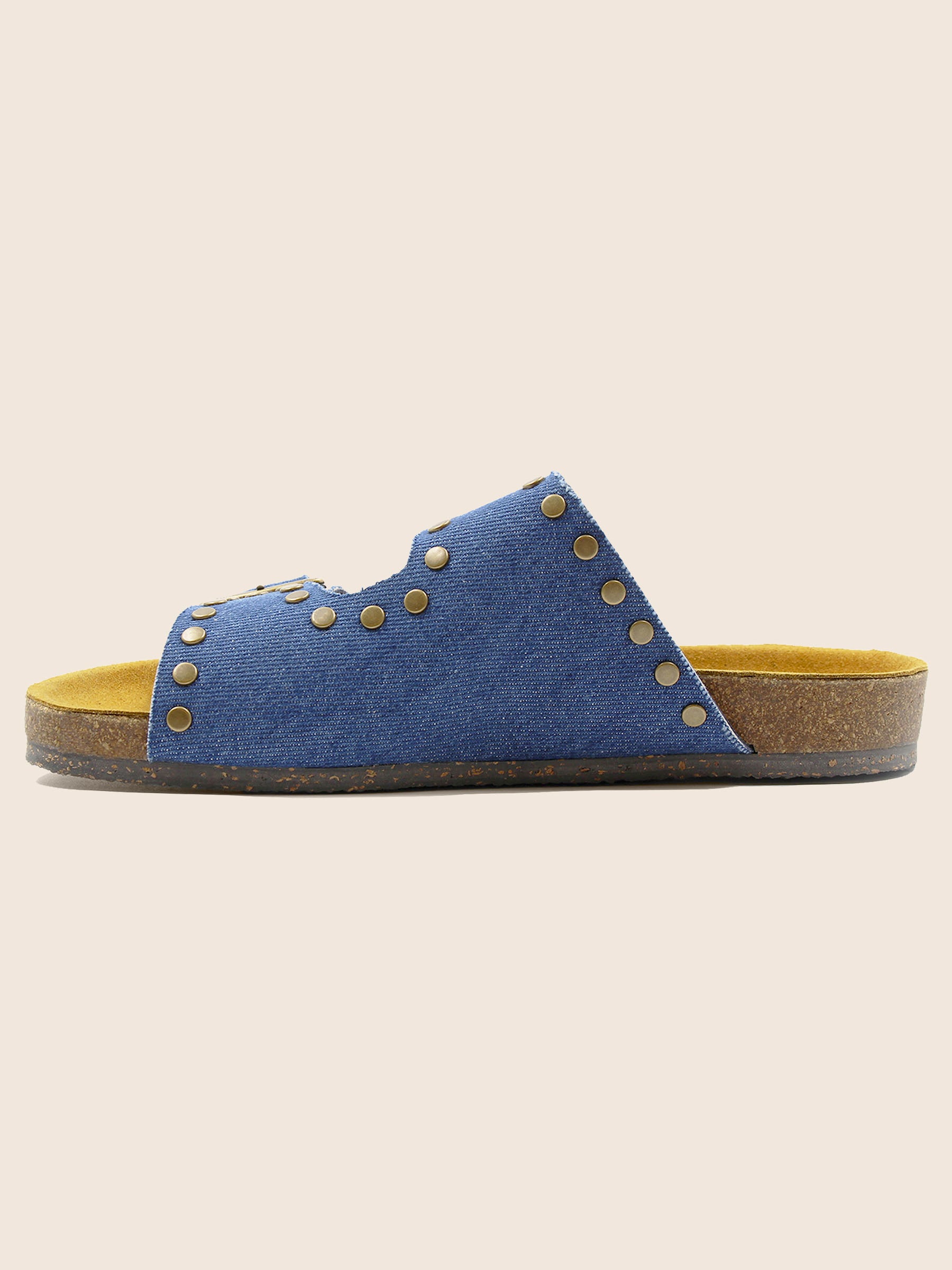 vue interieure mules liege clous toile jean bleu denim jules & jenn