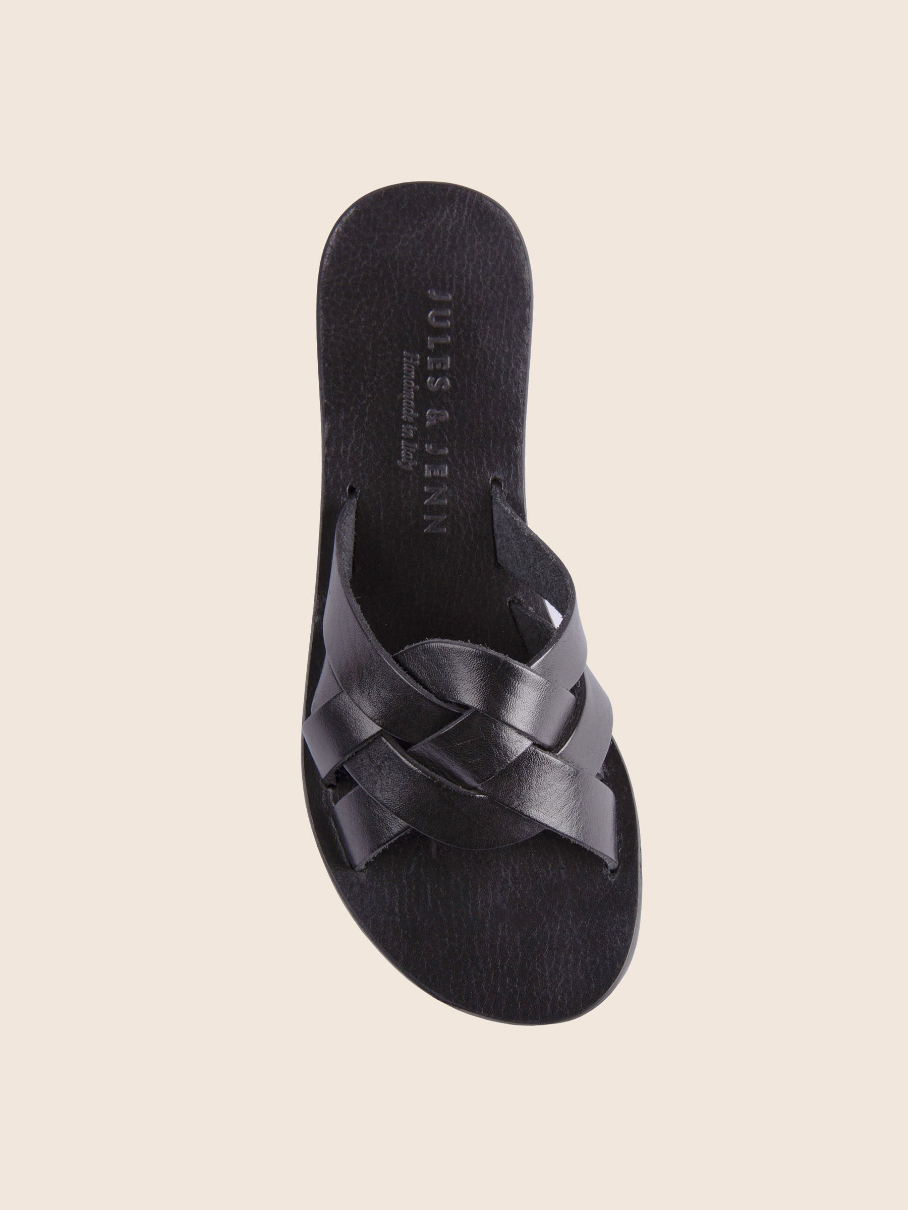vue dessus mules plates brides cuir noir jules & jenn