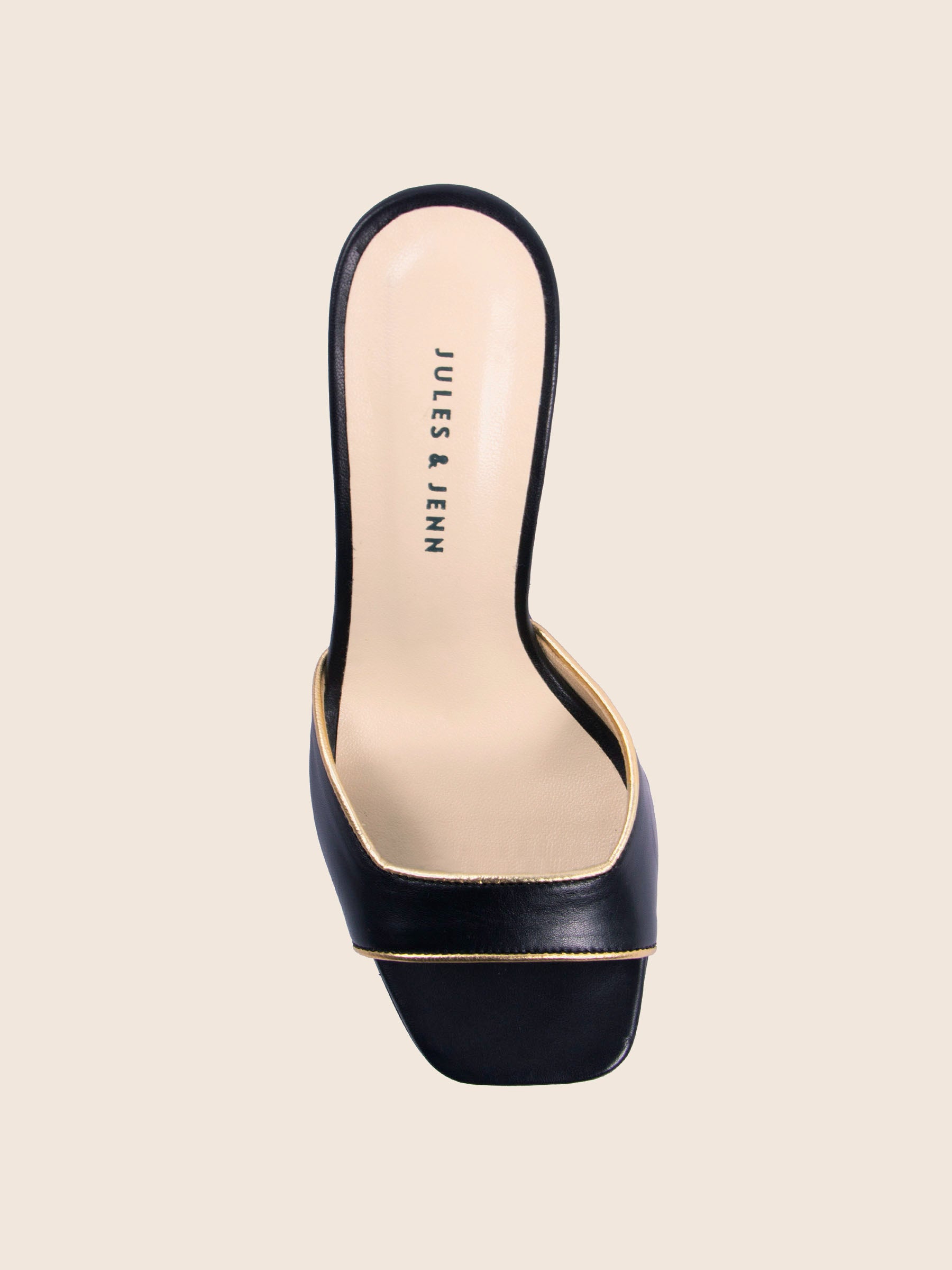 vue dessus mules talon fin cuir noir jules & jenn