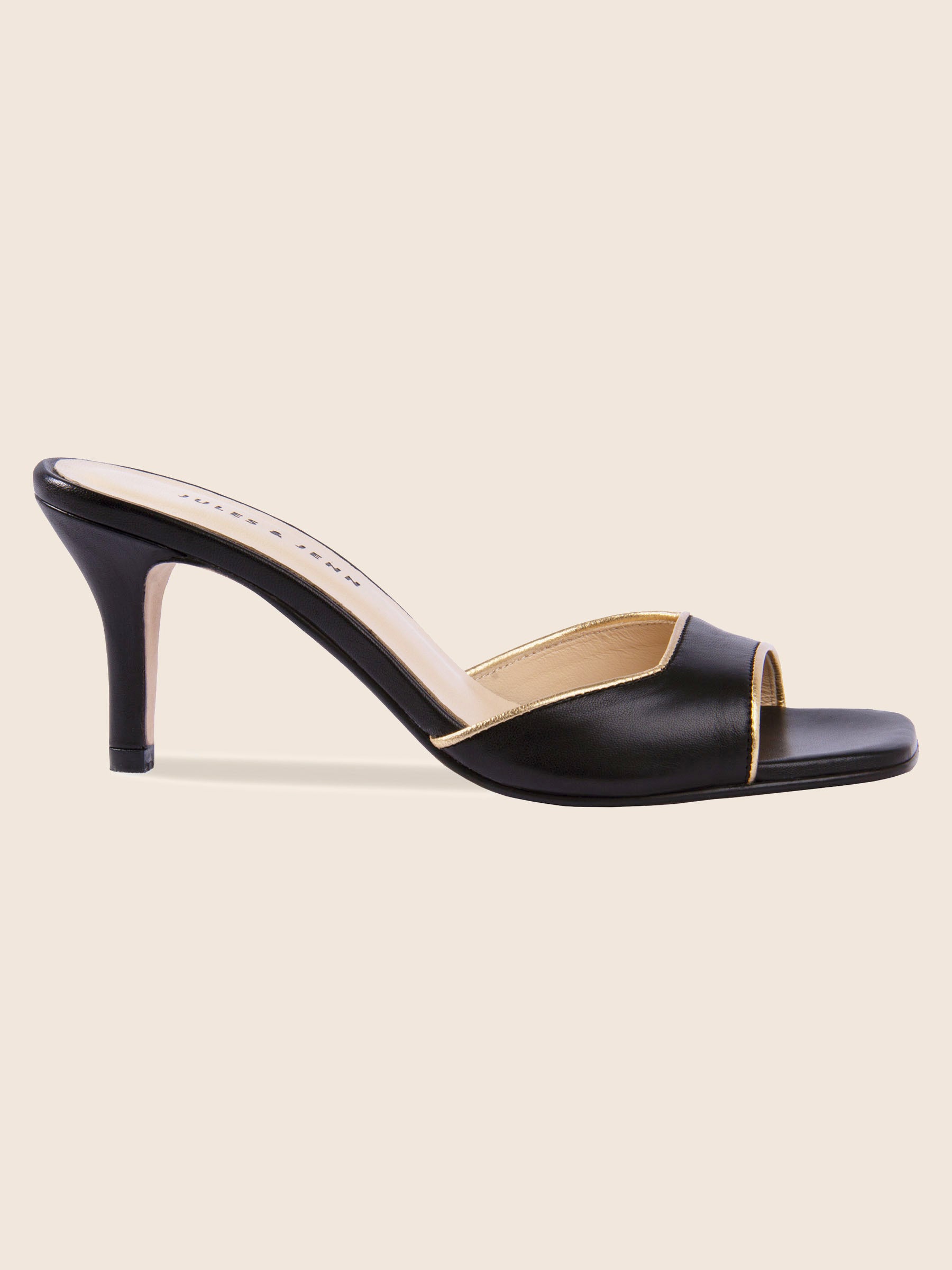 vue profil mules talon fin cuir noir jules & jenn