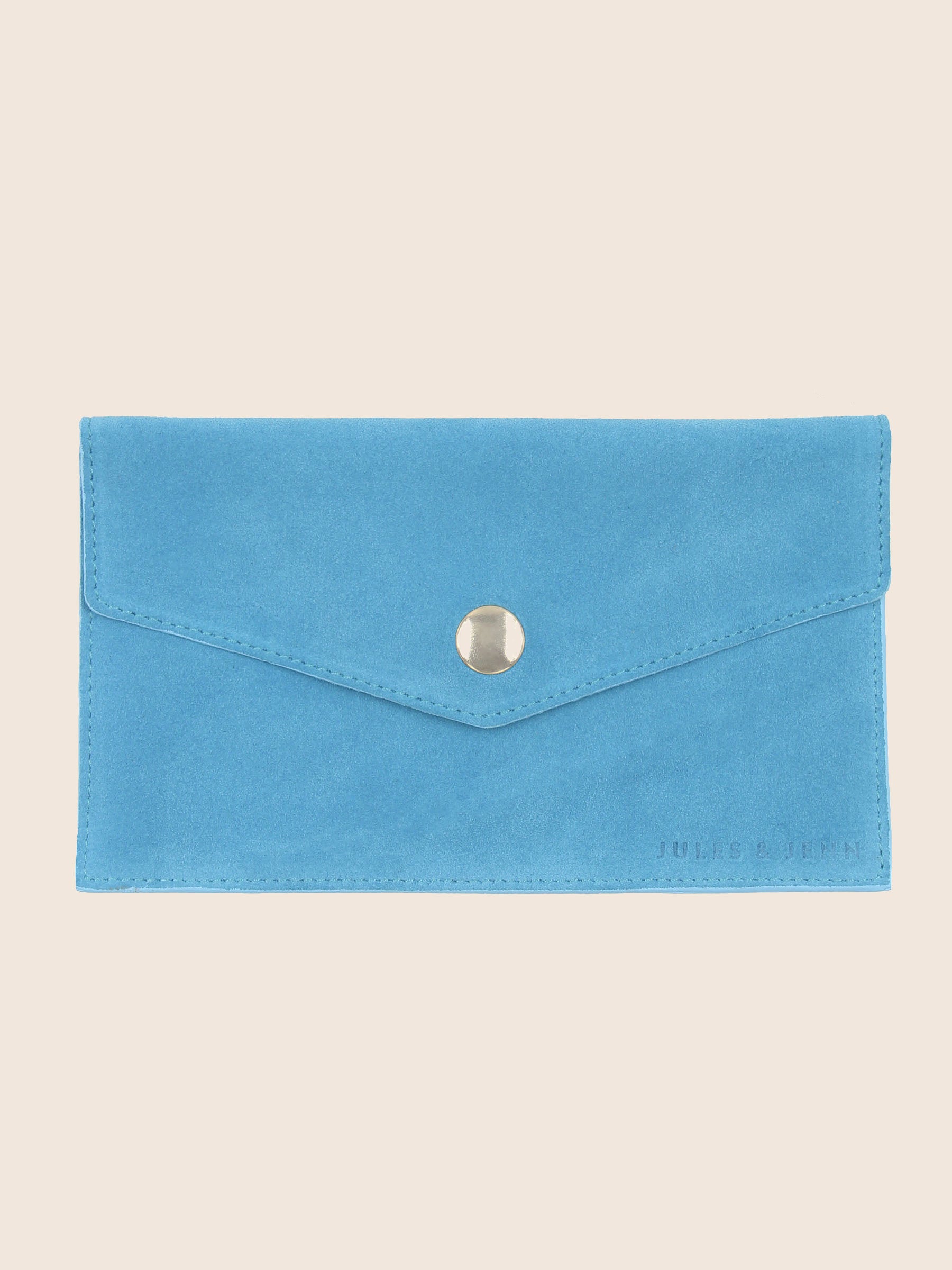 pochette enveloppe cuir daim upcycle bleu azur jules & jenn