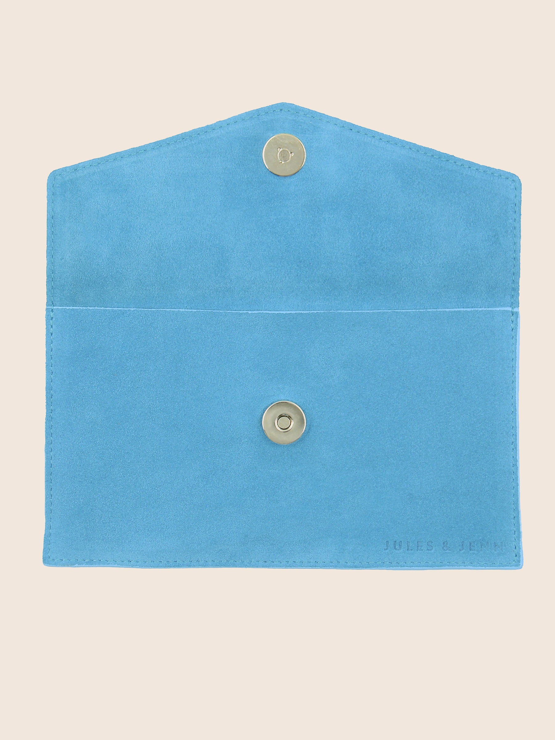 vue dessus pochette enveloppe cuir daim upcycle bleu azur jules & jenn