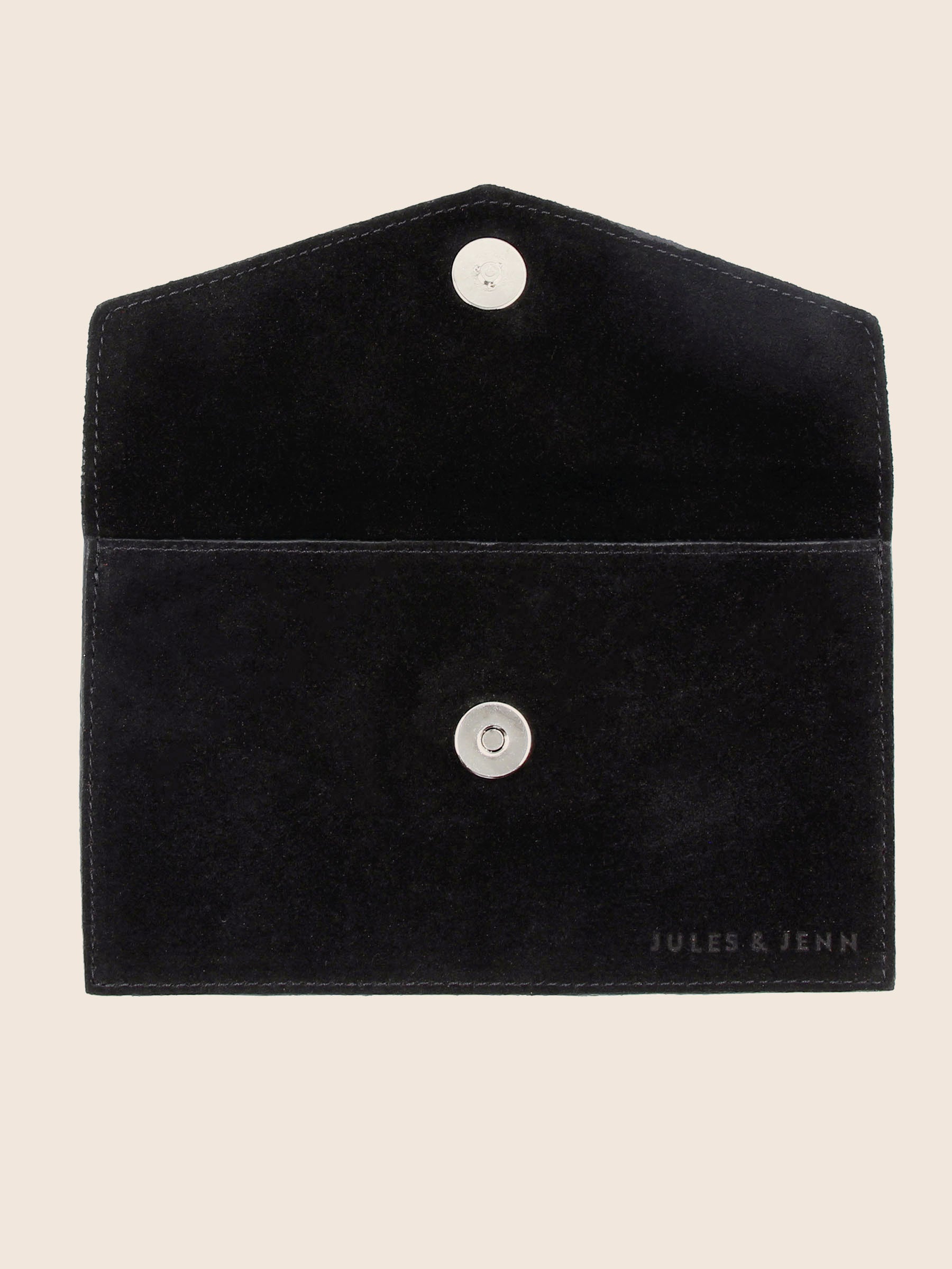 vue dessus pochette enveloppe cuir daim upcycle noir jules & jenn