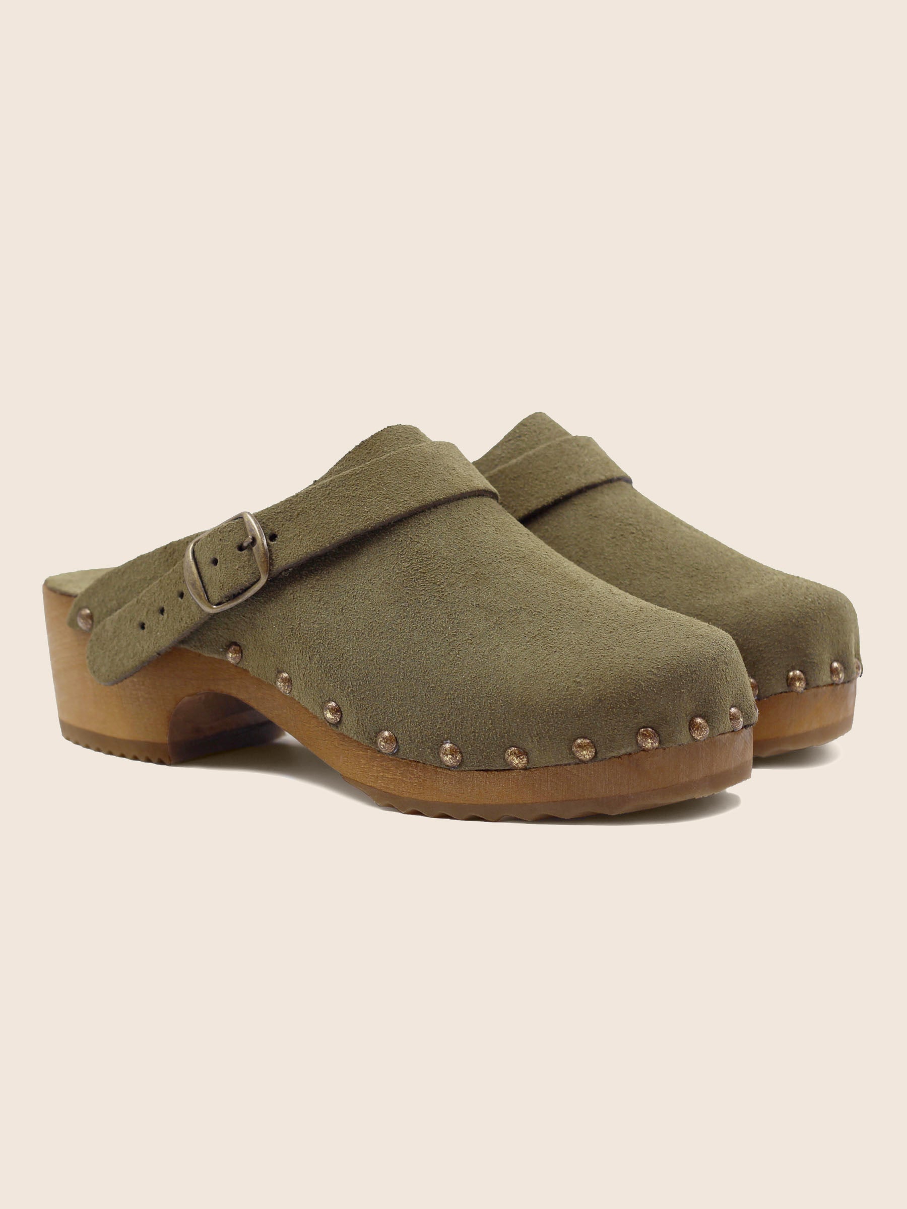 sabots bois brides cuir daim kaki jules & jenn