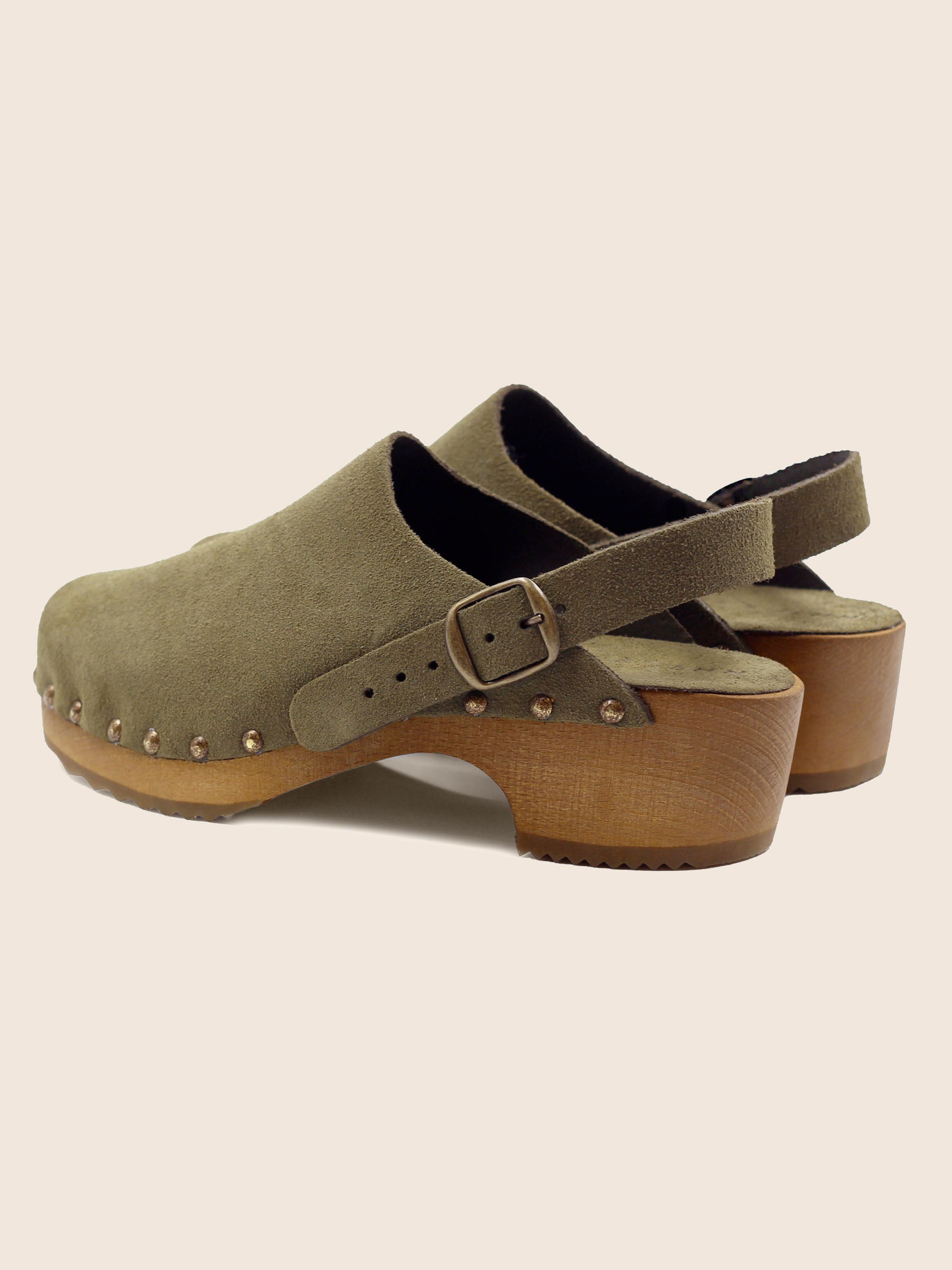 vue arriere sabots bois brides cuir daim kaki jules & jenn