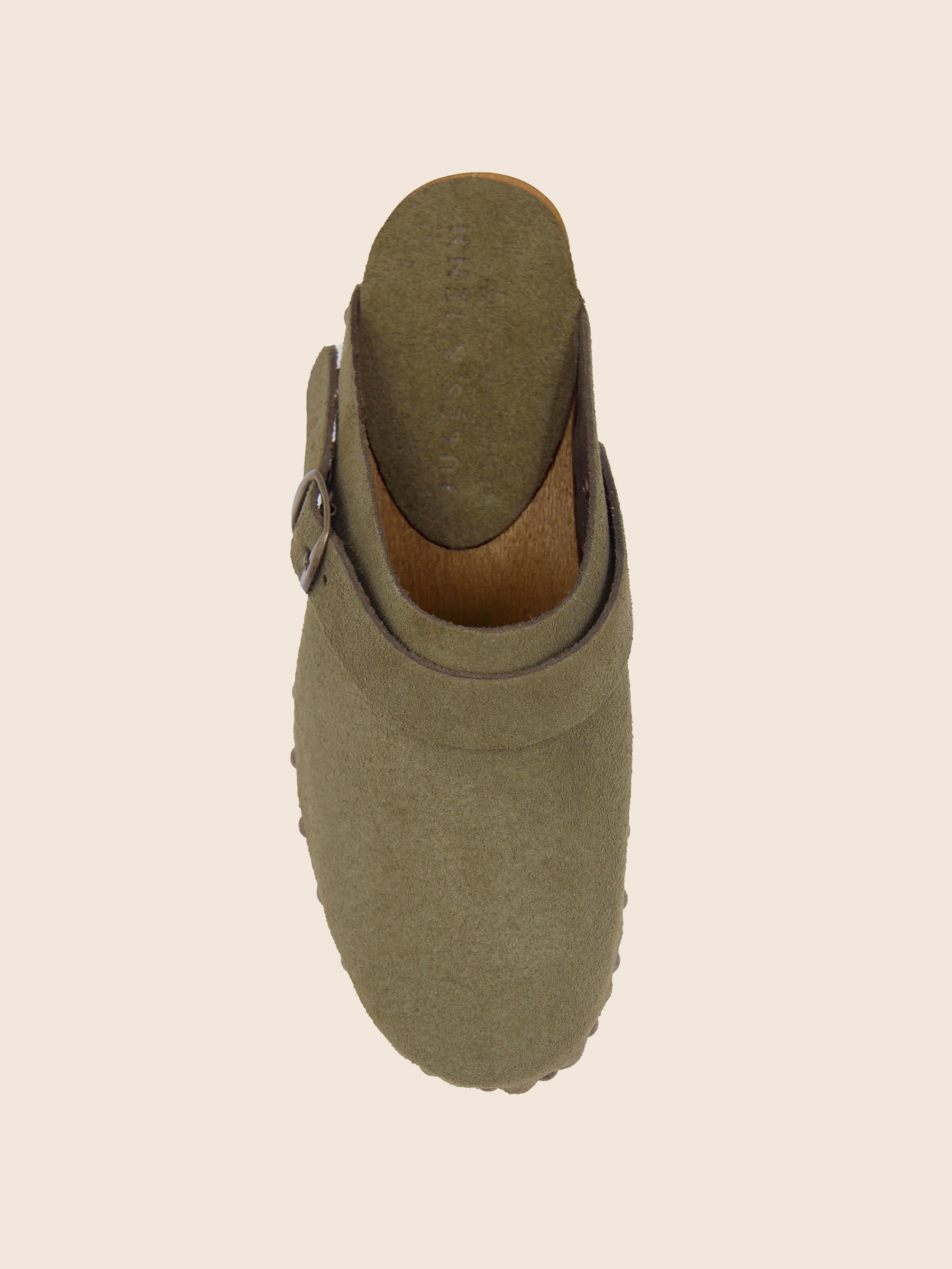vue dessus sabots bois brides cuir daim kaki jules & jenn