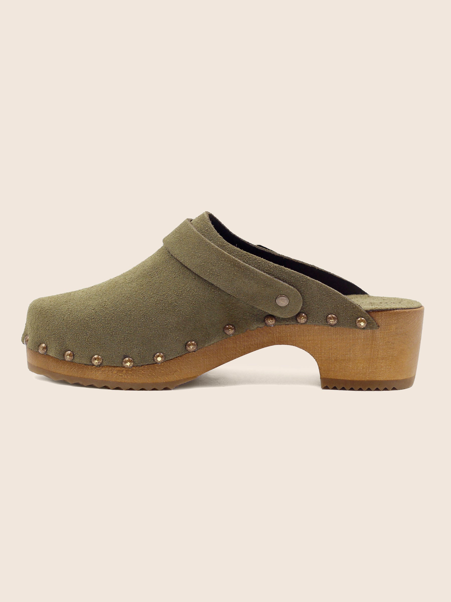 vue interieure sabots bois brides cuir daim kaki jules & jenn
