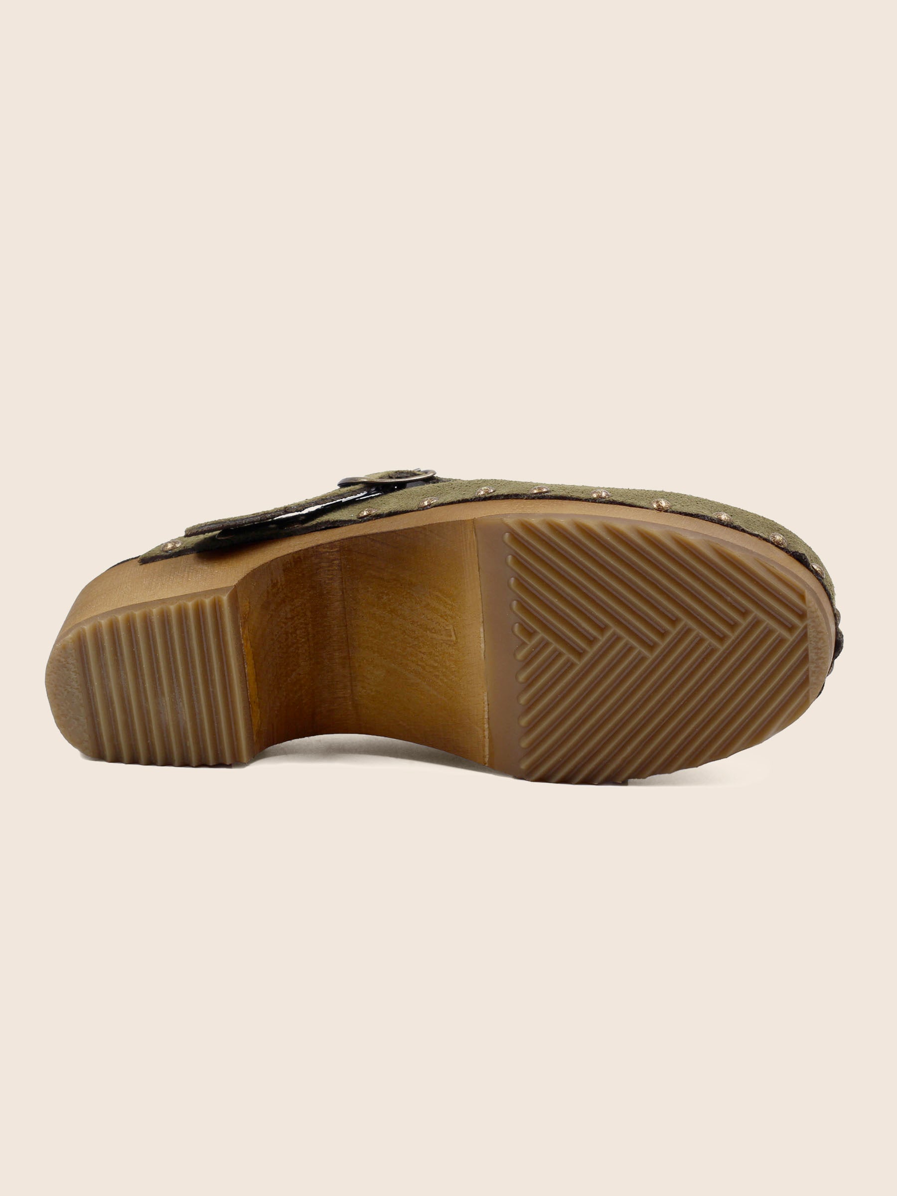 vue dessous sabots bois brides cuir daim kaki jules & jenn