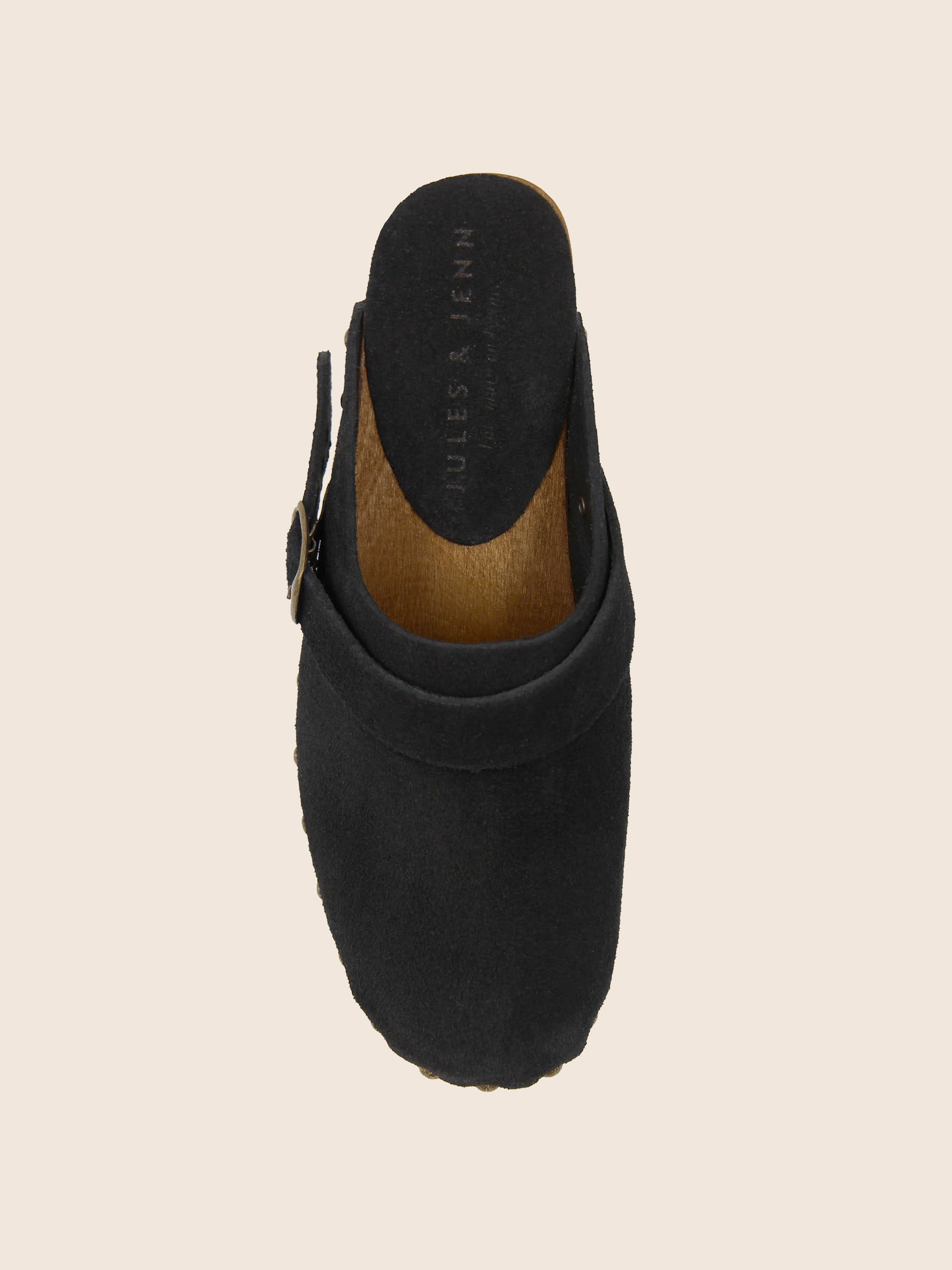 vue dessus sabots bois brides cuir daim noir jules & jenn