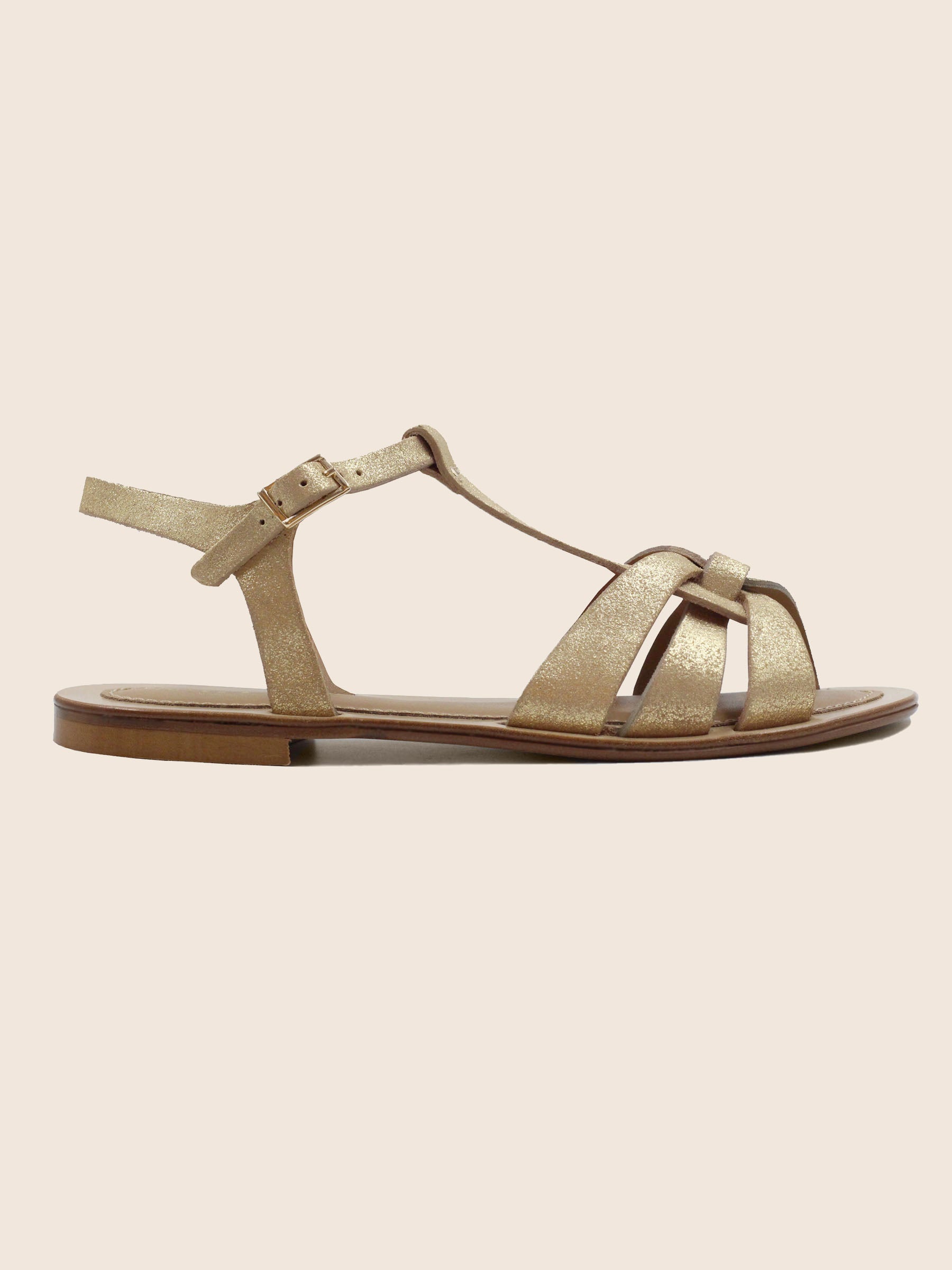 vue exterieur sandales croisees cuir daim metallise dore jules & jenn