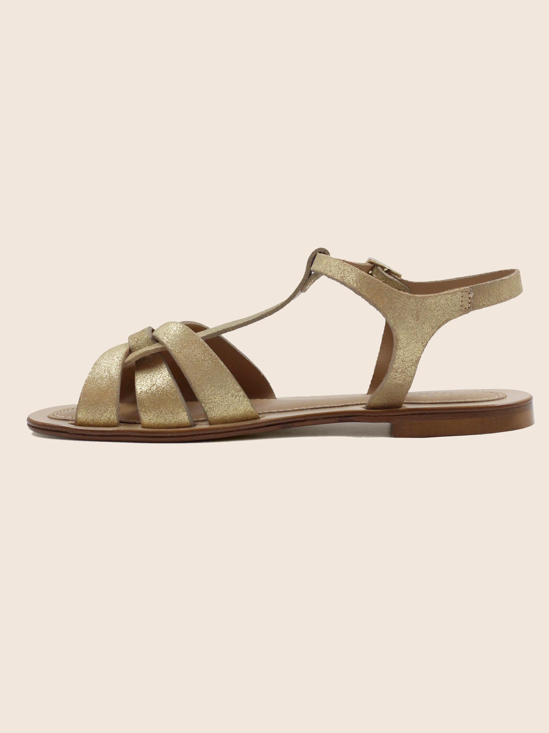 vue interieur sandales croisees cuir daim metallise dore jules & jenn