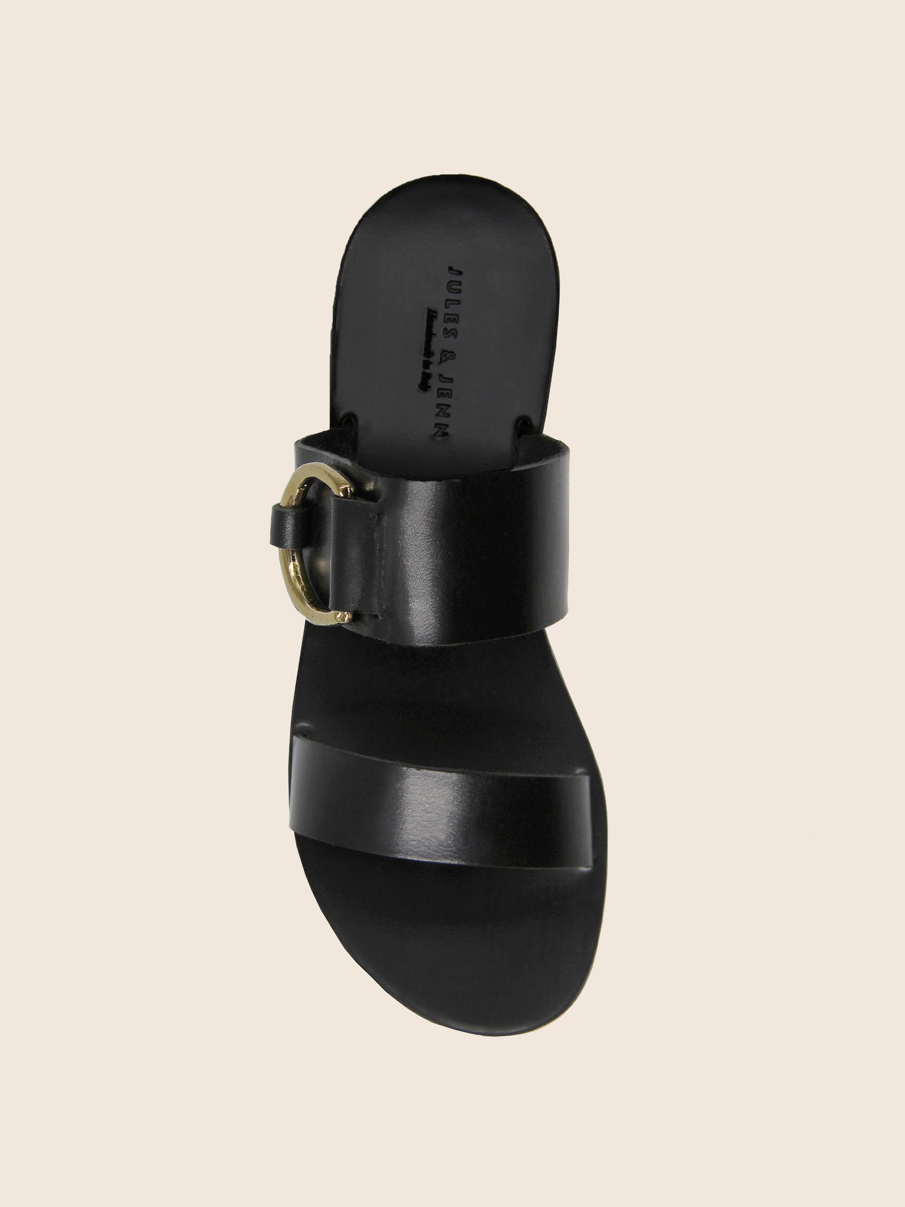 vue dessus sandales plates boucle cuir noir jules & jenn