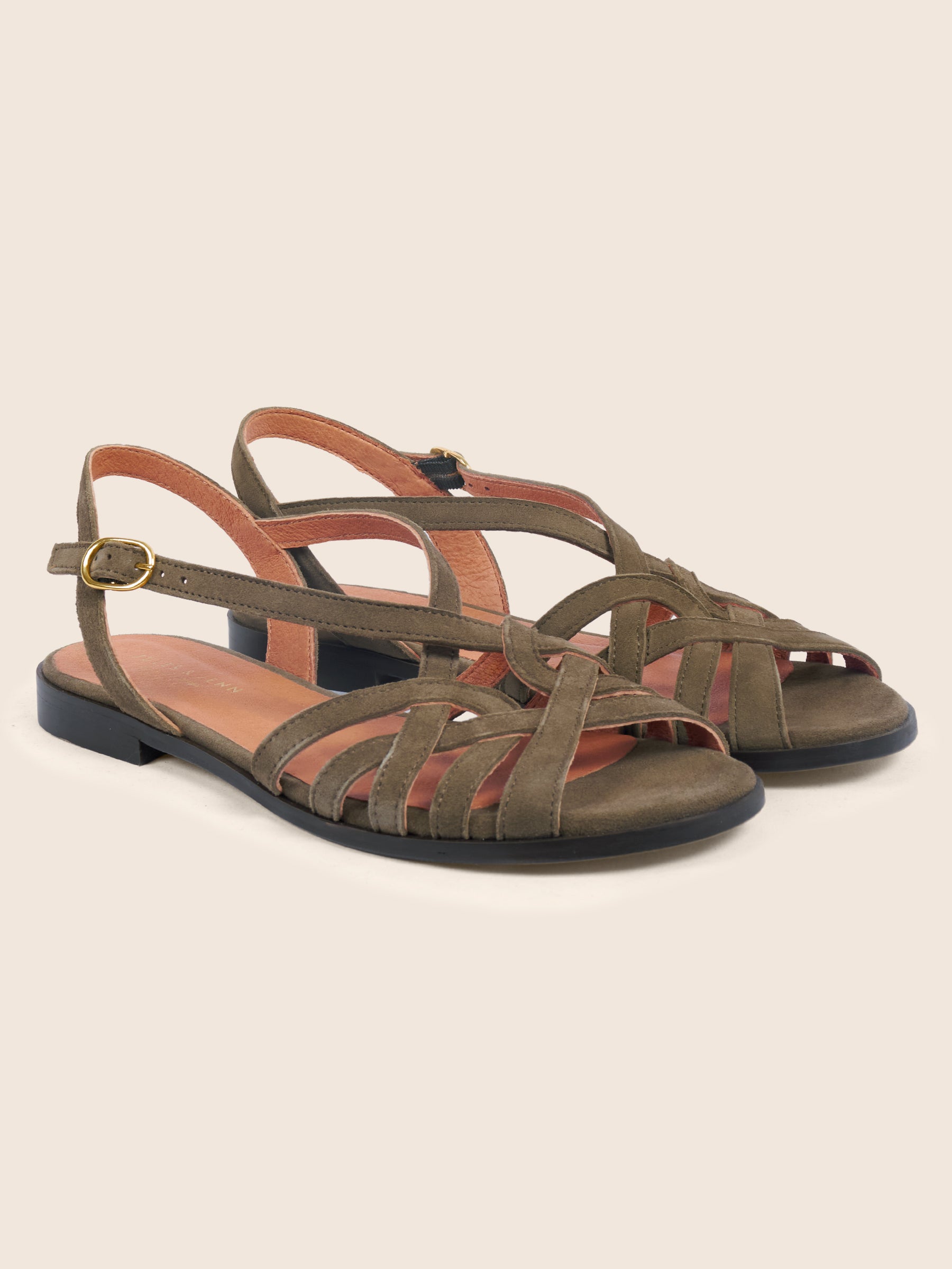 photo vue avant sandales plates brides cuir daim kaki jules & jenn