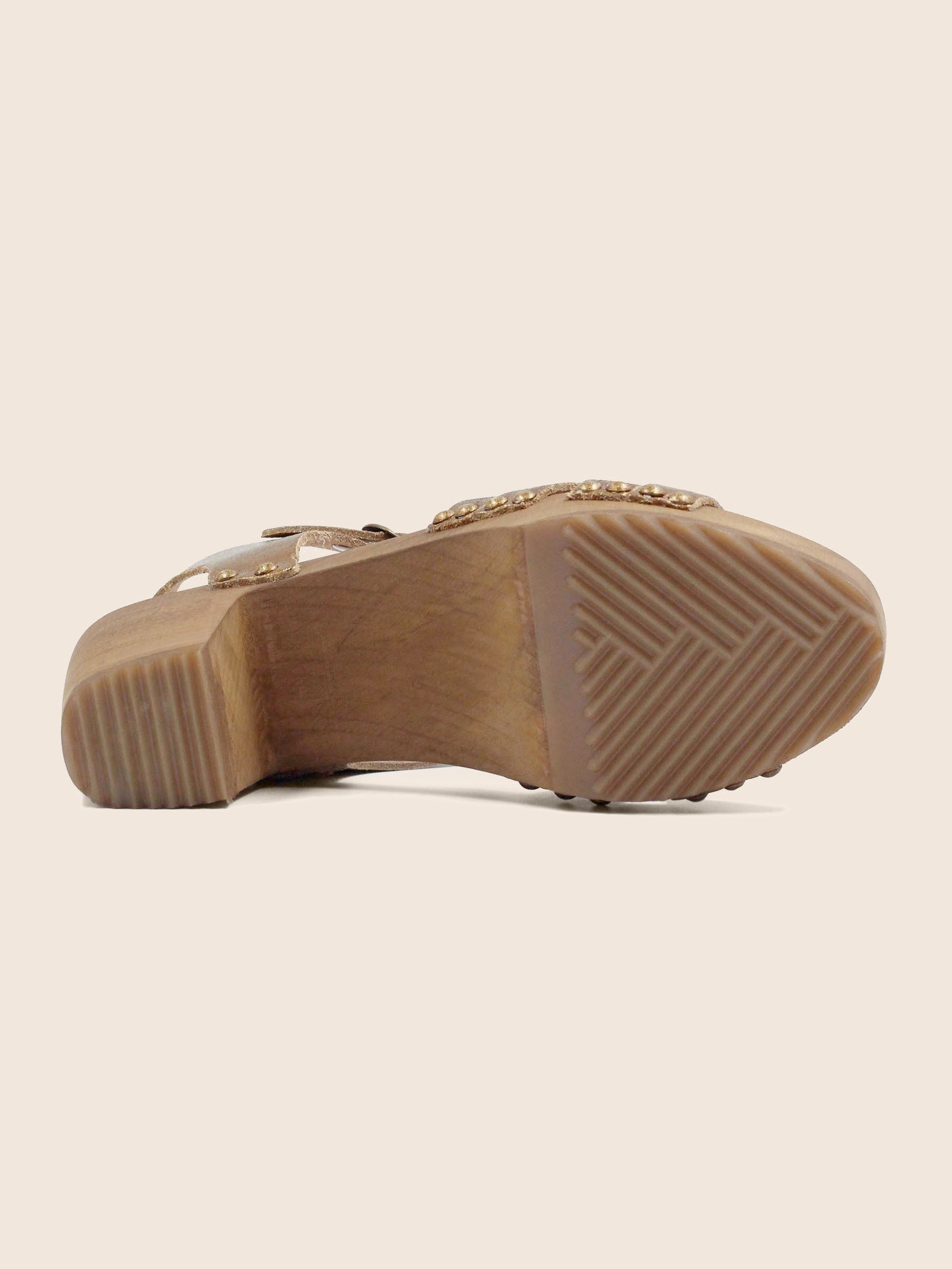 vue dessous sandales talon bois cuir metallise bronze jules & jenn
