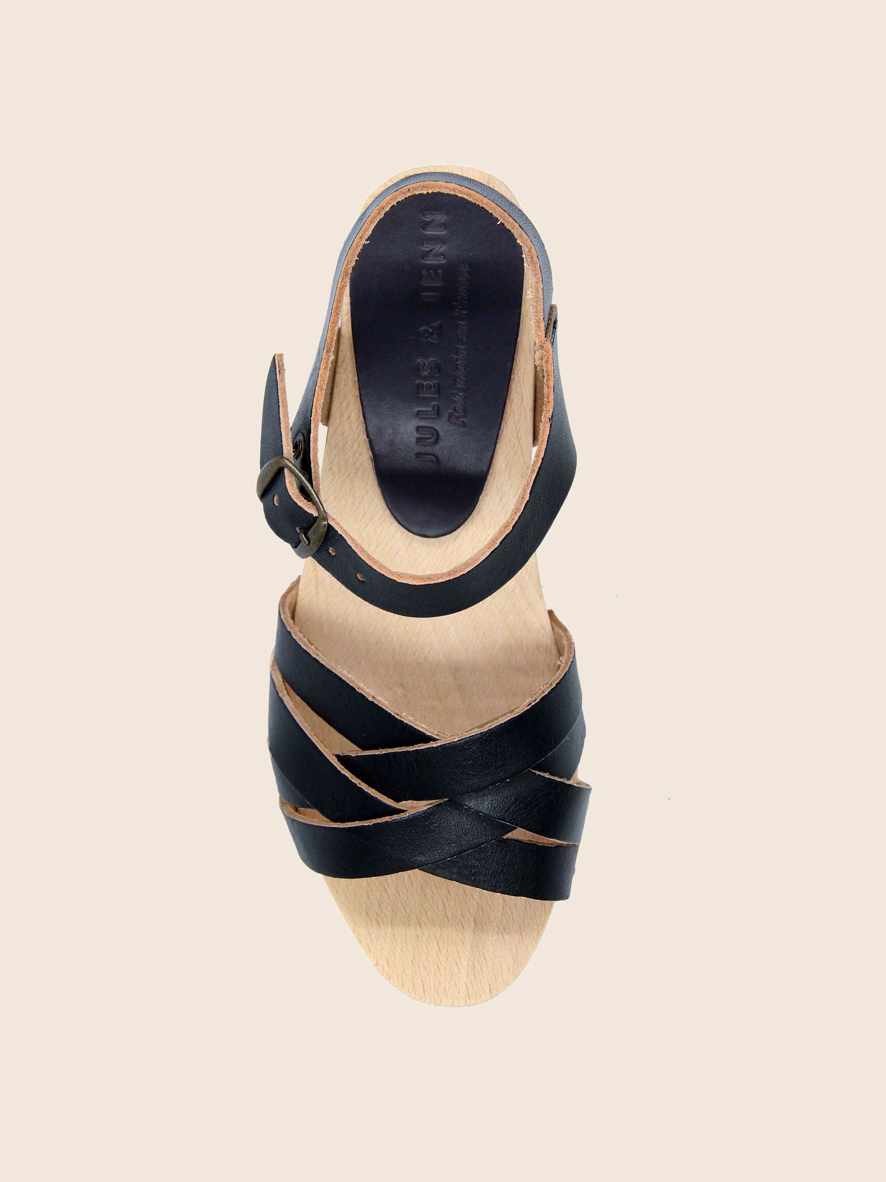vue dessus sandales talon bois cuir noir jules & jenn