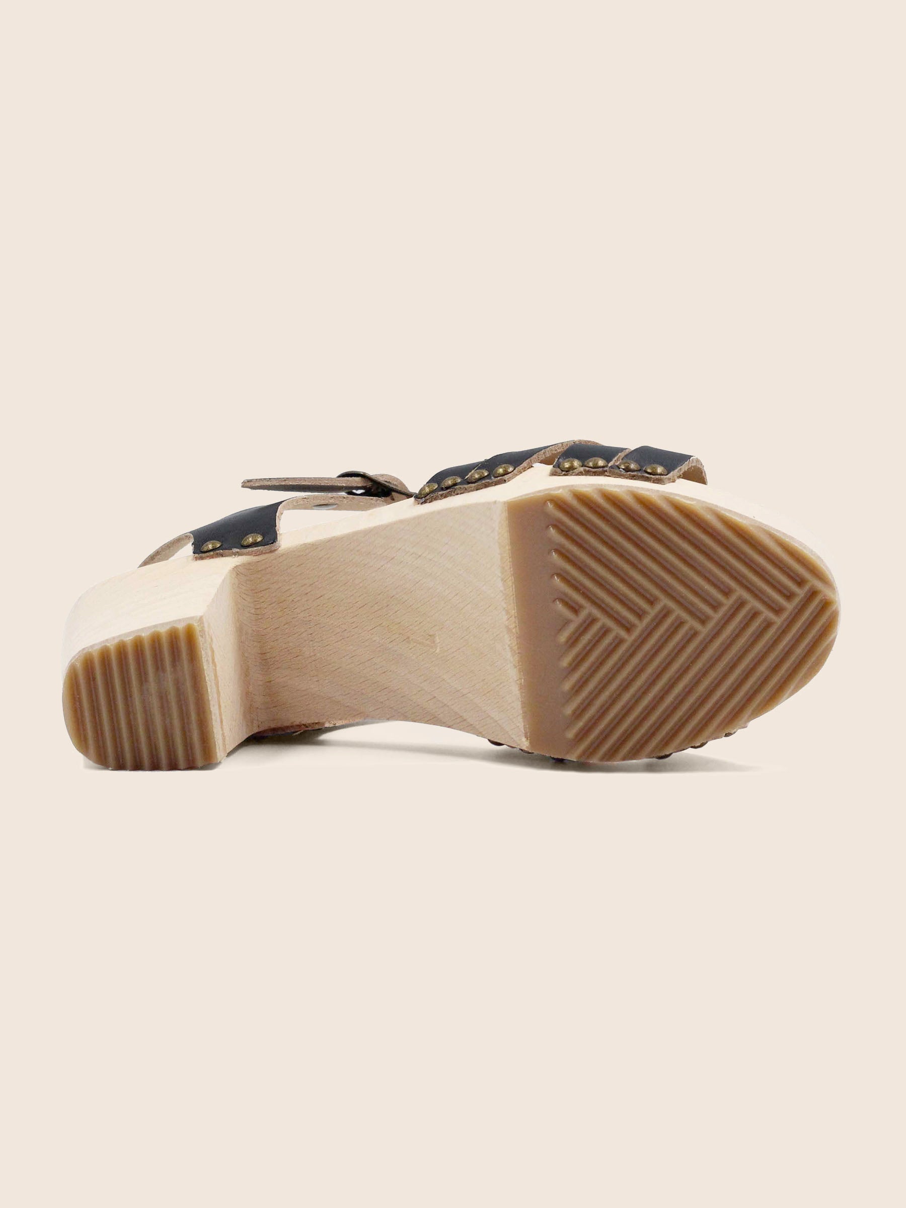 vue dessous sandales talon bois cuir noir jules & jenn