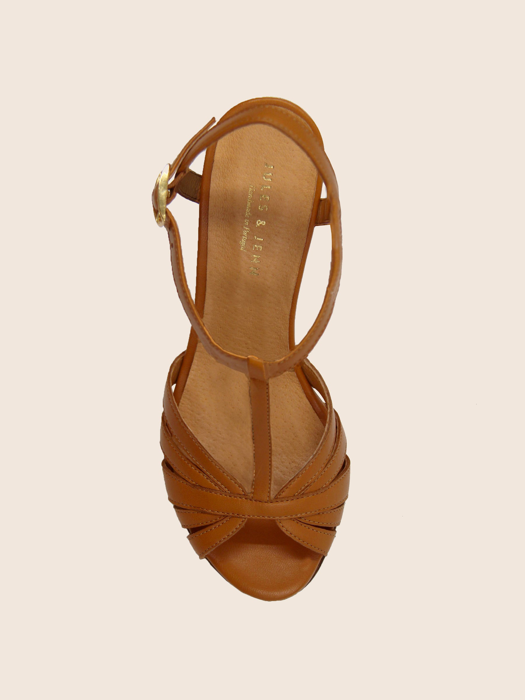 vue dessus sandales talon brides cuir camel jules & jenn