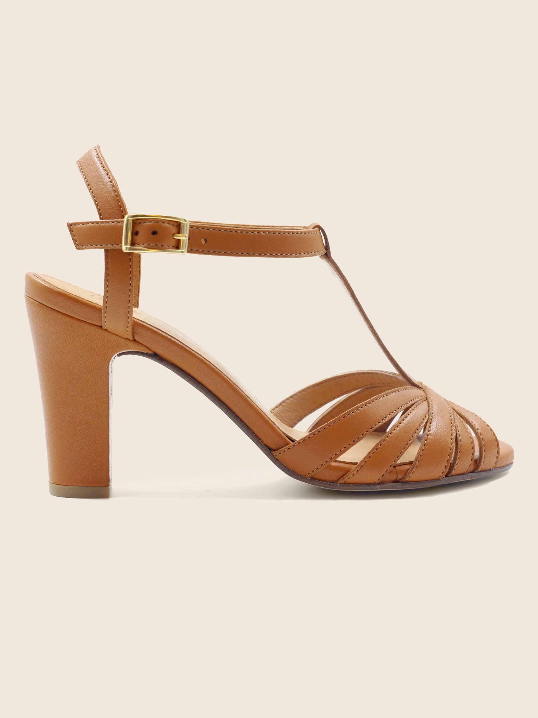 vue exterieur sandales talon brides cuir camel jules & jenn