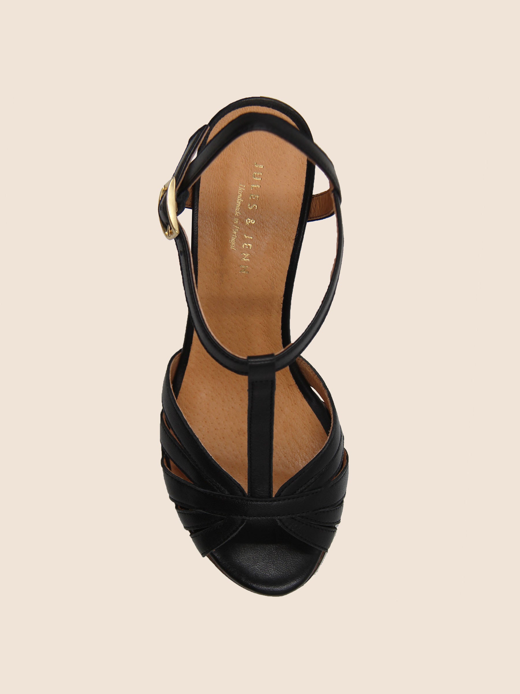 vue dessus sandales talon brides cuir noir jules & jenn
