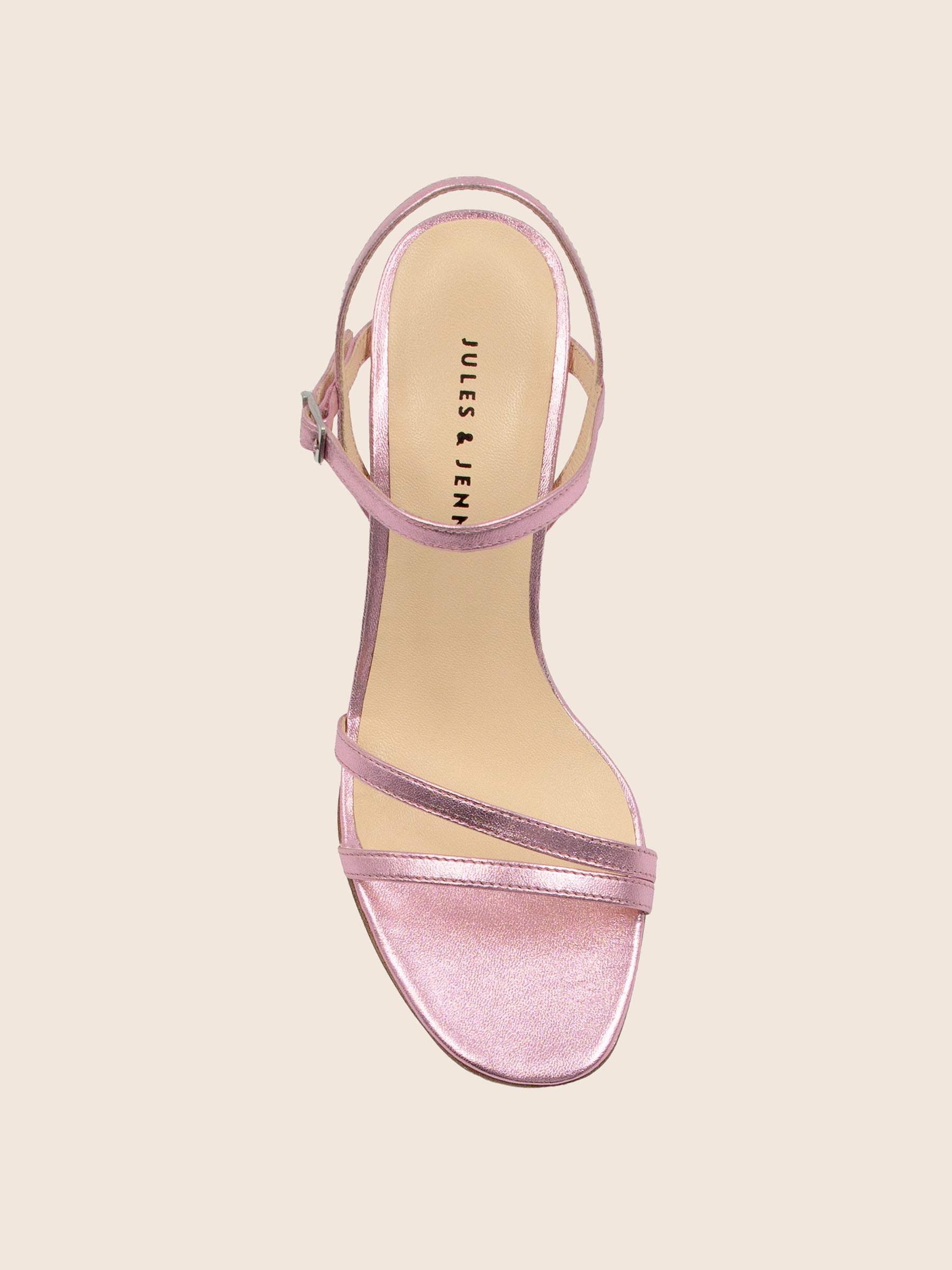 vue dessus sandales talon epurees cuir metallise rose jules jenn